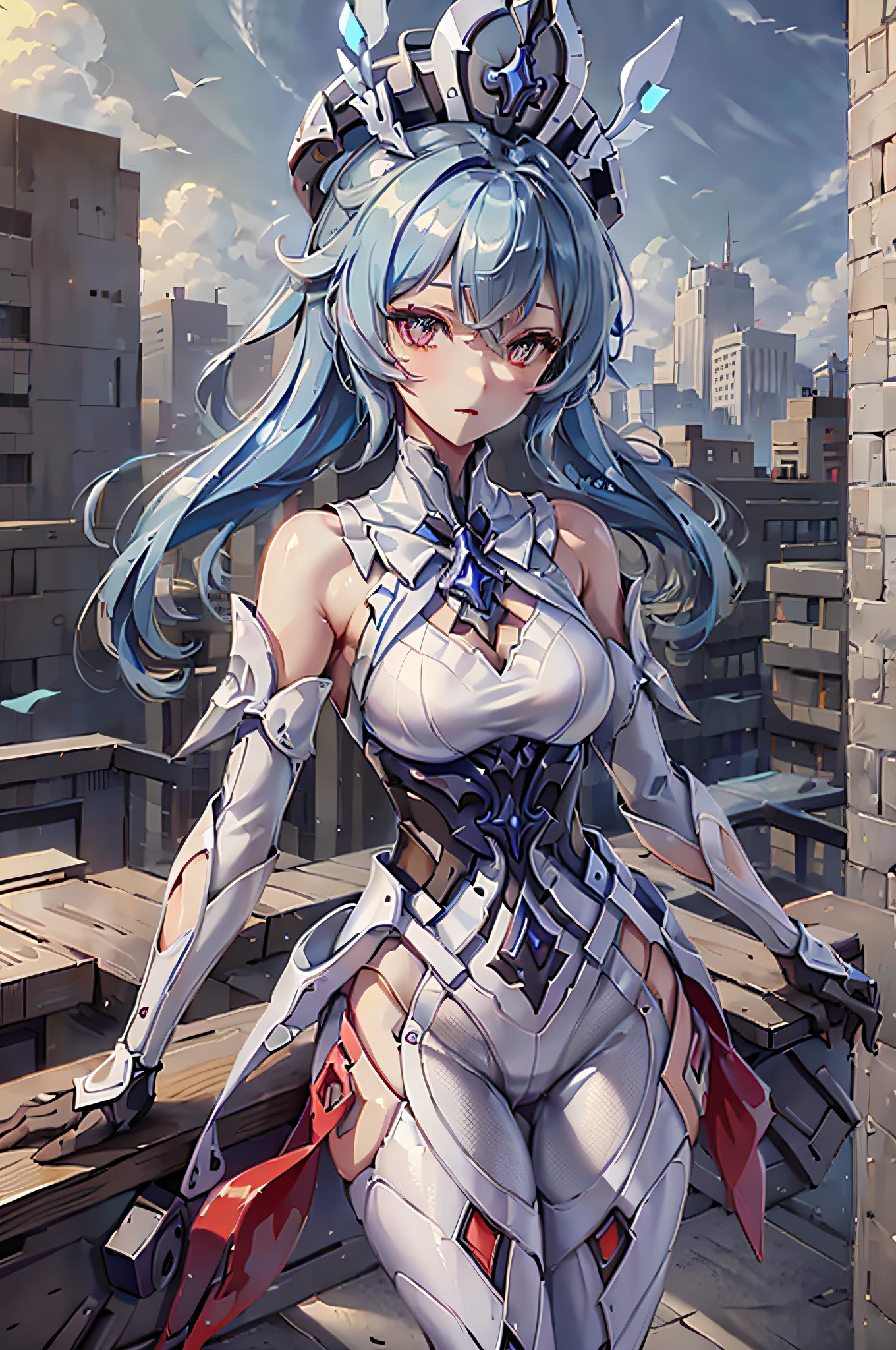 A high-rise rooftop platform.Standing was a tall girl.Wearing a sweatshirt and a hat.The face is delicate and beautiful.Background rich in Honkai color