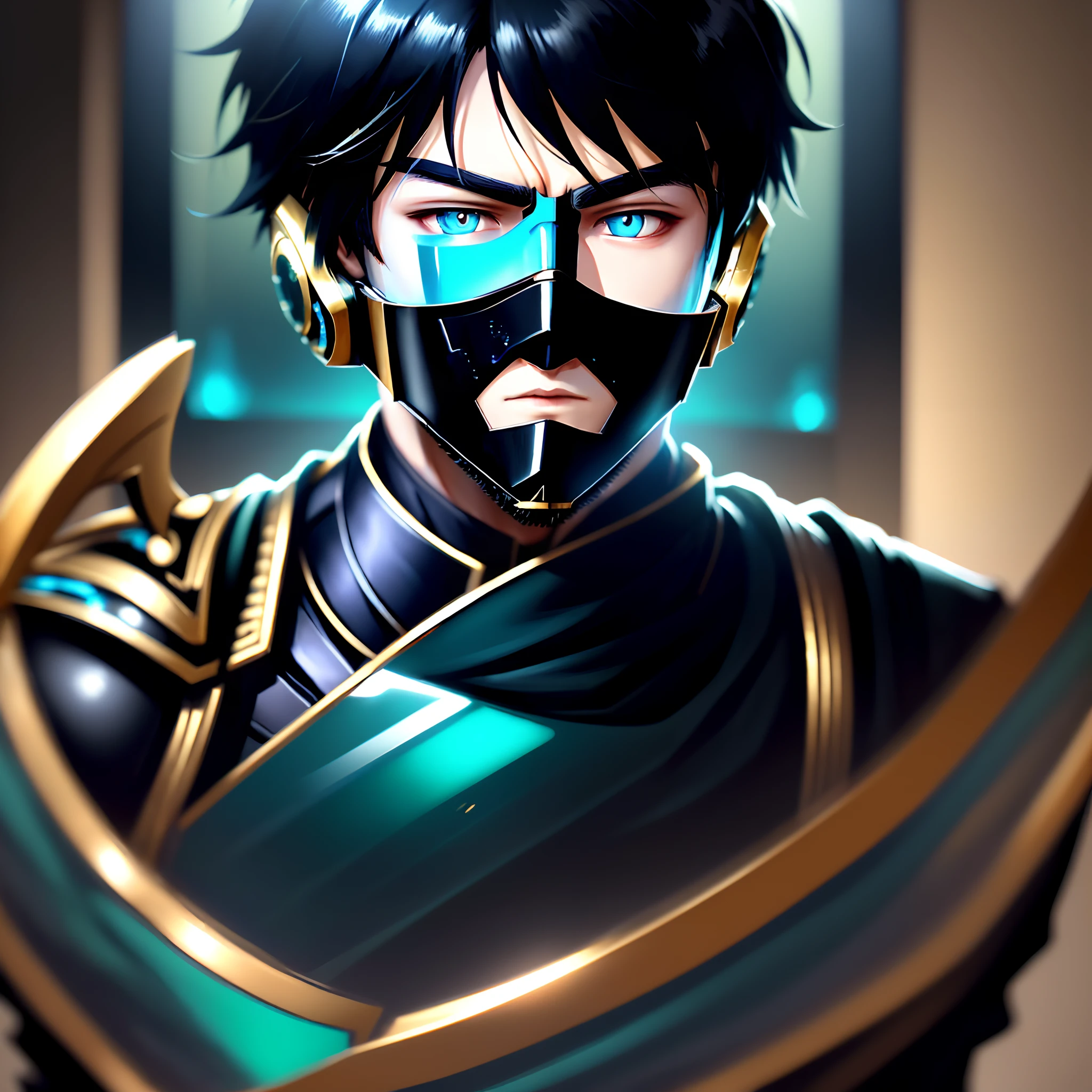 Thick acrylic illustrations on pixiv, lllustration,a handsome boy,black hair,cyan eyes,grim expression,one glass wearing a gold mask,gorgeous clothes,hand armor,dark background,high quality color matching,super rich details, 8K, best quality --ar 3:4