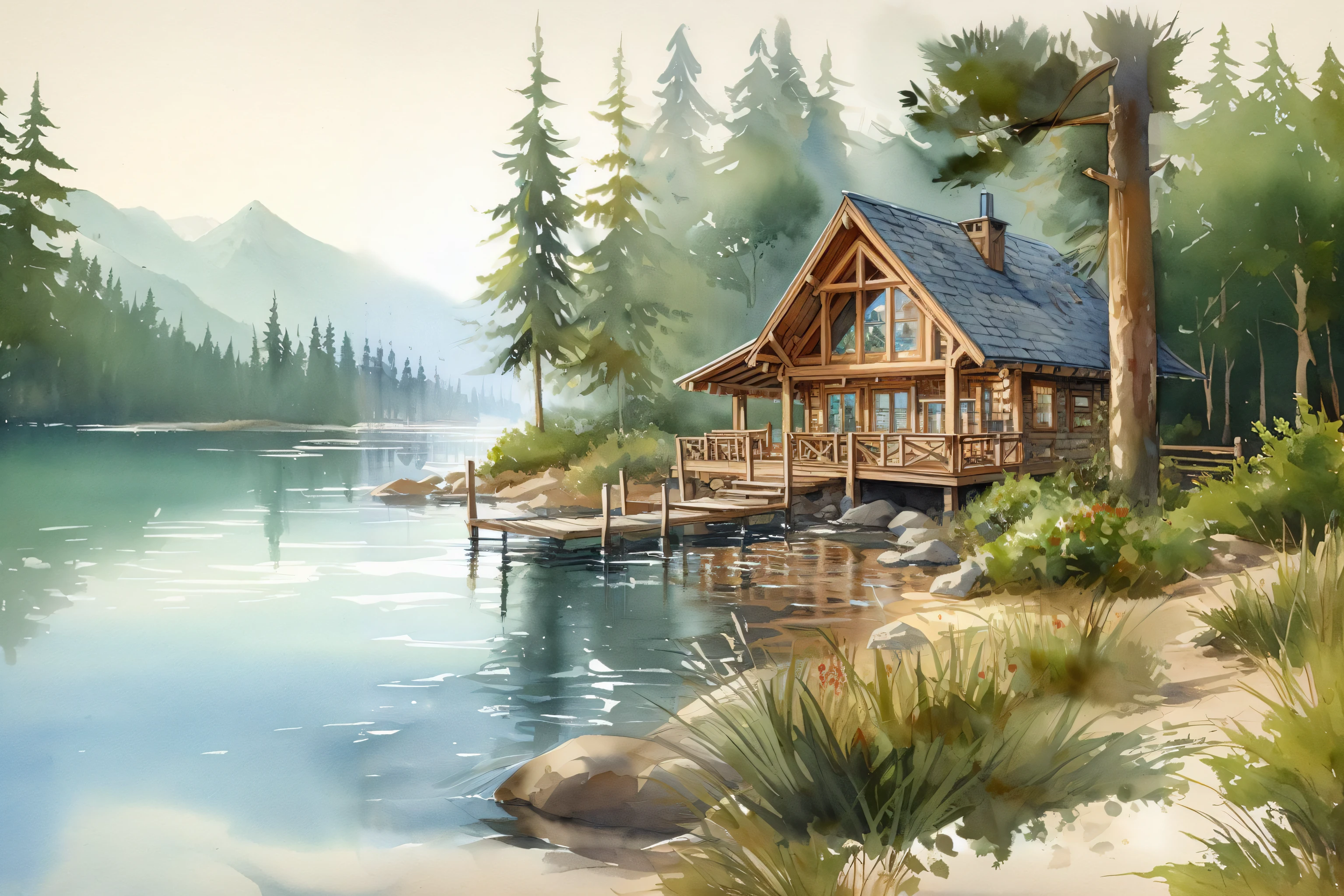 Fill detailed trees, mountain, pond
