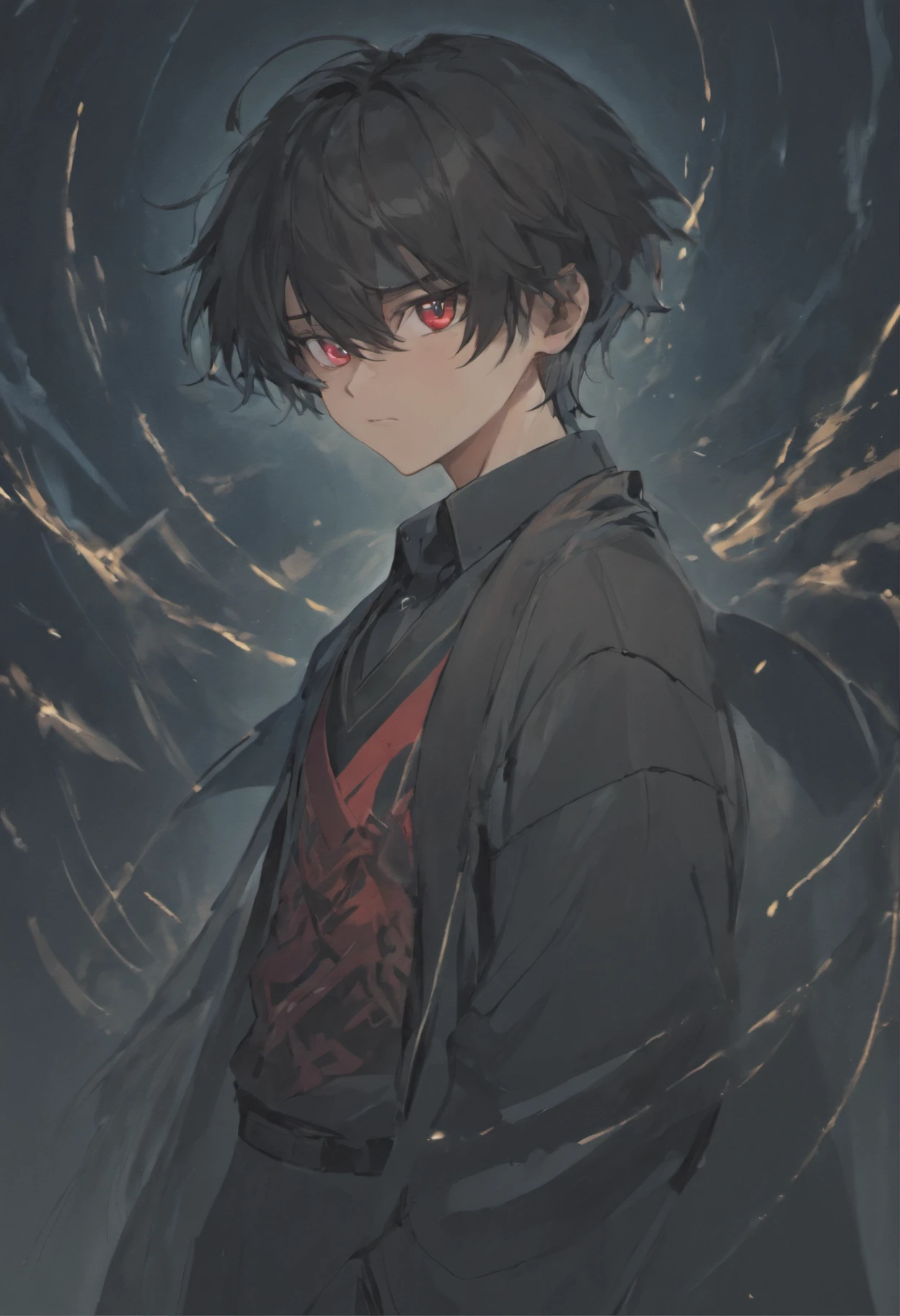 16 yaers old，?????? boy，Shota，Black color hair，black shirt，Square glasses，apathy，long whitr hair，with long bangs(Masterpiece, illustration, anime big breast:1.3), Anime boy, Black eyes, Long black hair, In the dark, black shirt:1.2), (Disheveled black hair:1.1), (Red eyes that glow red:1.2), (Calm expression:1.1), (Uncovered Eyes:1.1), (Strong presence:1.2), (Enigmatic Atmosphere:1.2), (Subtle Moonlight:1.1), (Ominous Shadows:1.1), (Detailed folds and creases:1.1), (Intense Blue Aura:1.2), (A symbol of power around him:1.1), (Magical energy radiation:1.2), (Ethereal particles:1.1), (Dynamic pose:1.2), (epic soundtrack:1.2), (sense of awe:1.1), (Magical prowess:1.1)