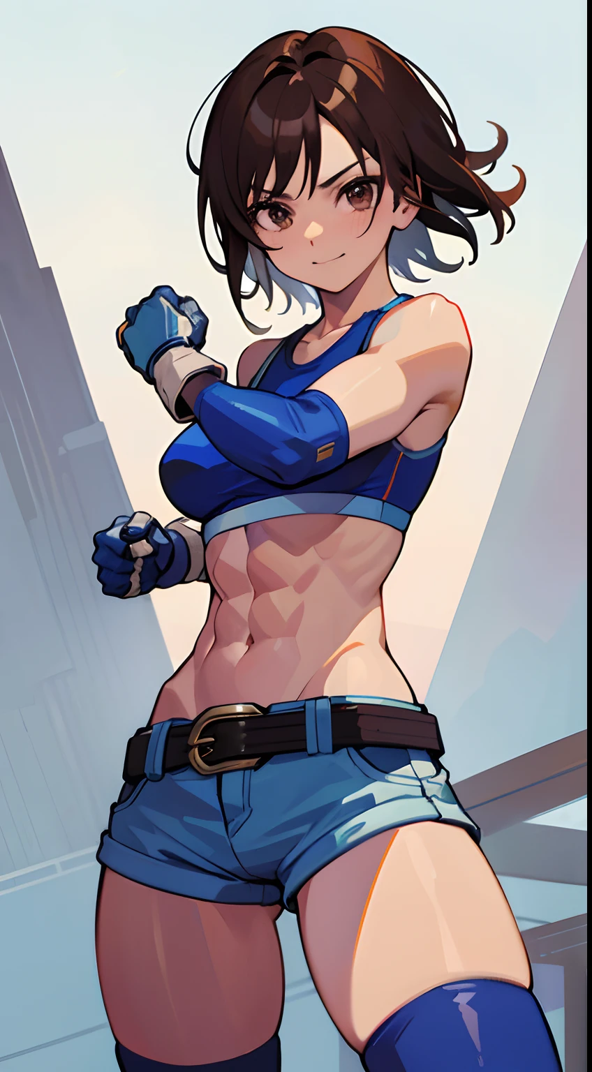 "(masterpiece、Premium Quality:1.2)、Alone、1girl in(Asuka Kazama、muscularwoman、short brown haired、de pele branca、Brown-eyed)、cowboy shot、battle posture、A slight smil、profuse sweat all over the body、taut clothes、Sportsbra、croptop、Shorts、(gloves:1.1)、a belt、elbow pad、Midriff、Trained abs、Trained biceps、nightcity