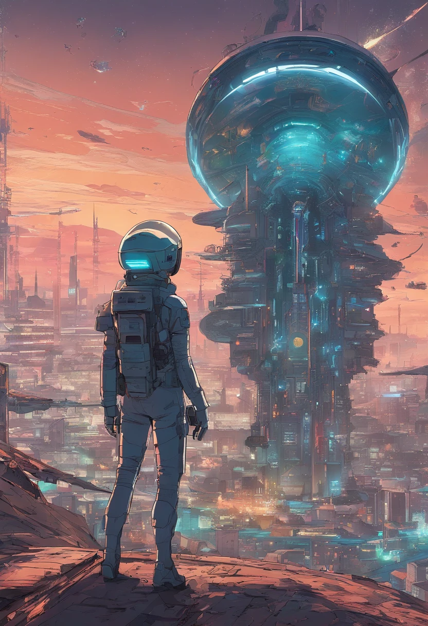 Anime-Typ, der auf dem Boden sitzt und den Planeten betrachtet, Weltraum-Cowboy, Cyber-Weltraum-Cowboy, inspiriert von Josan Gonzalez, Makoto Shinkai ( Apex-Legenden ), Akira Kunststil, Ross Tran Stil, Akira-Vibes, Akira-Kunststil, schwebend neben Planeten, Josan Gonzales, Sci-Fi-Kunst!!!!!!!, Josan Gonzales!!!, im Weltraum, Moderner Sci-Fi-Anime