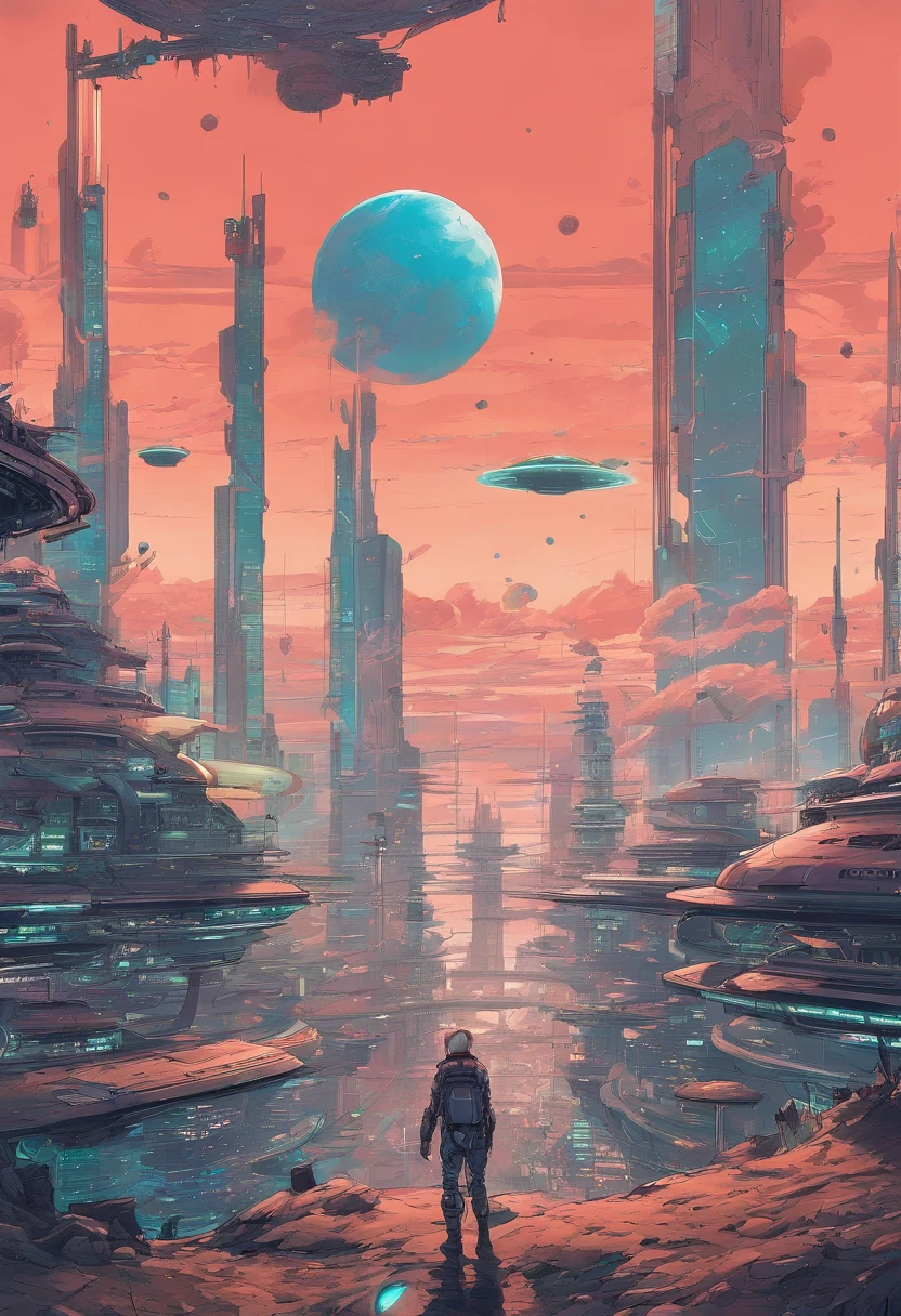 Anime-Typ, der auf dem Boden sitzt und den Planeten betrachtet, Weltraum-Cowboy, Cyber-Weltraum-Cowboy, inspiriert von Josan Gonzalez, Makoto Shinkai ( Apex-Legenden ), Akira Kunststil, Ross Tran Stil, Akira-Vibes, Akira-Kunststil, schwebend neben Planeten, Josan Gonzales, Sci-Fi-Kunst!!!!!!!, Josan Gonzales!!!, im Weltraum, Moderner Sci-Fi-Anime