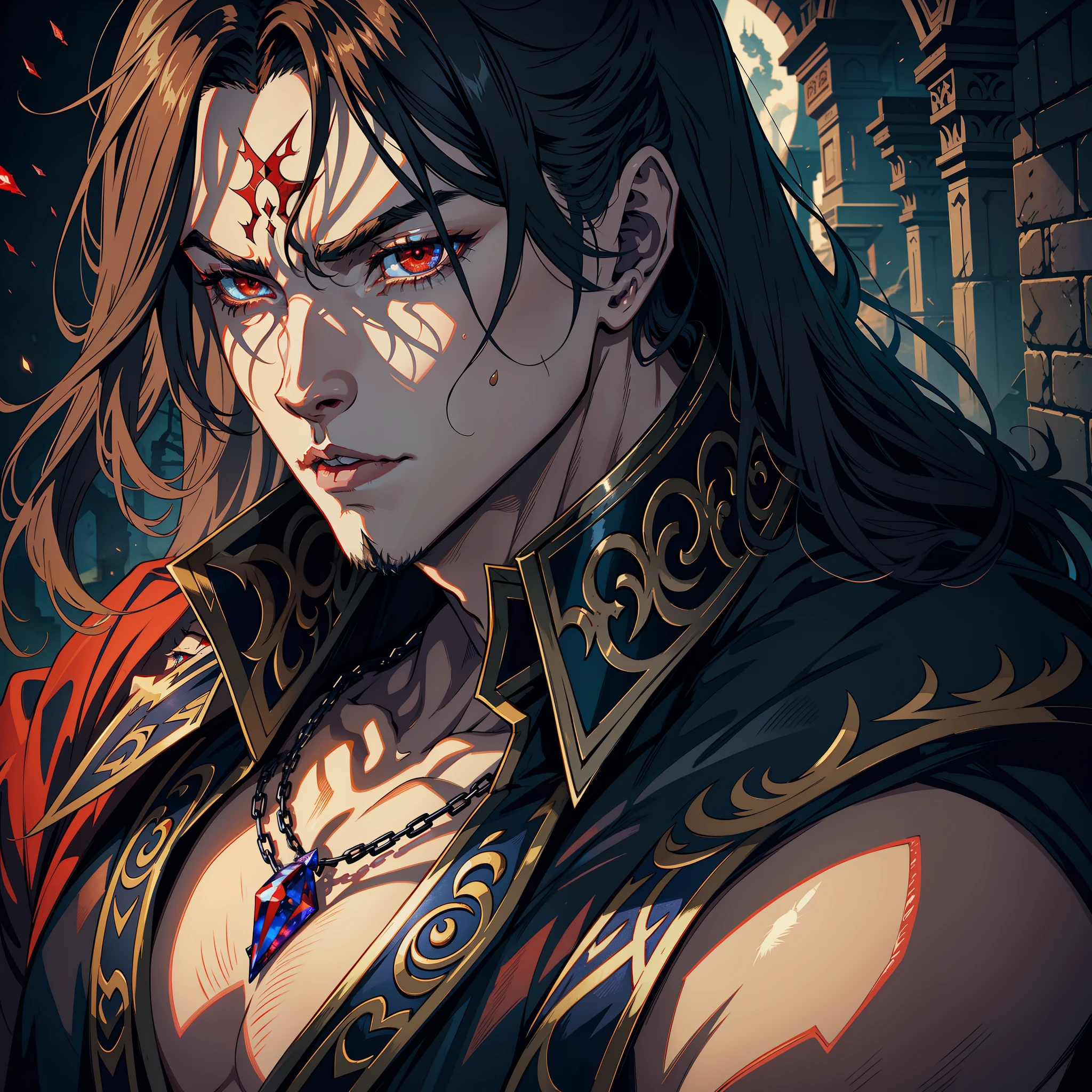 Castlevania Lord of the shadows hyper realistic super detailed portrait face of handsome muscular Lord Dracula crying sadness expression face portrait zoom sexy face sexy eyes sexy Mouth glowing red crystal eyes hyper realistic super detailed Dynamic shot master piece scene cinématique scènes movie Epic Legendary