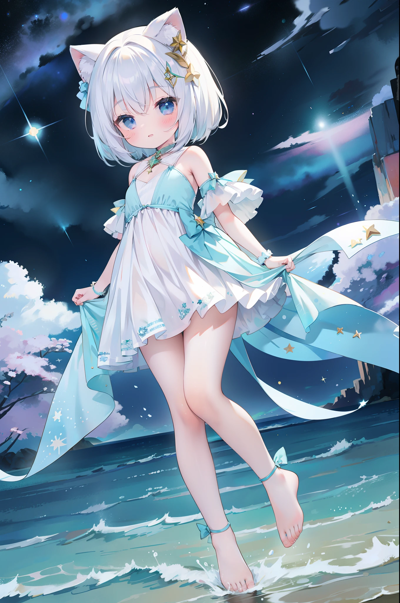 The *********** in beautiful clothes is cute，Holding a glowing star by the sea，Full body photo