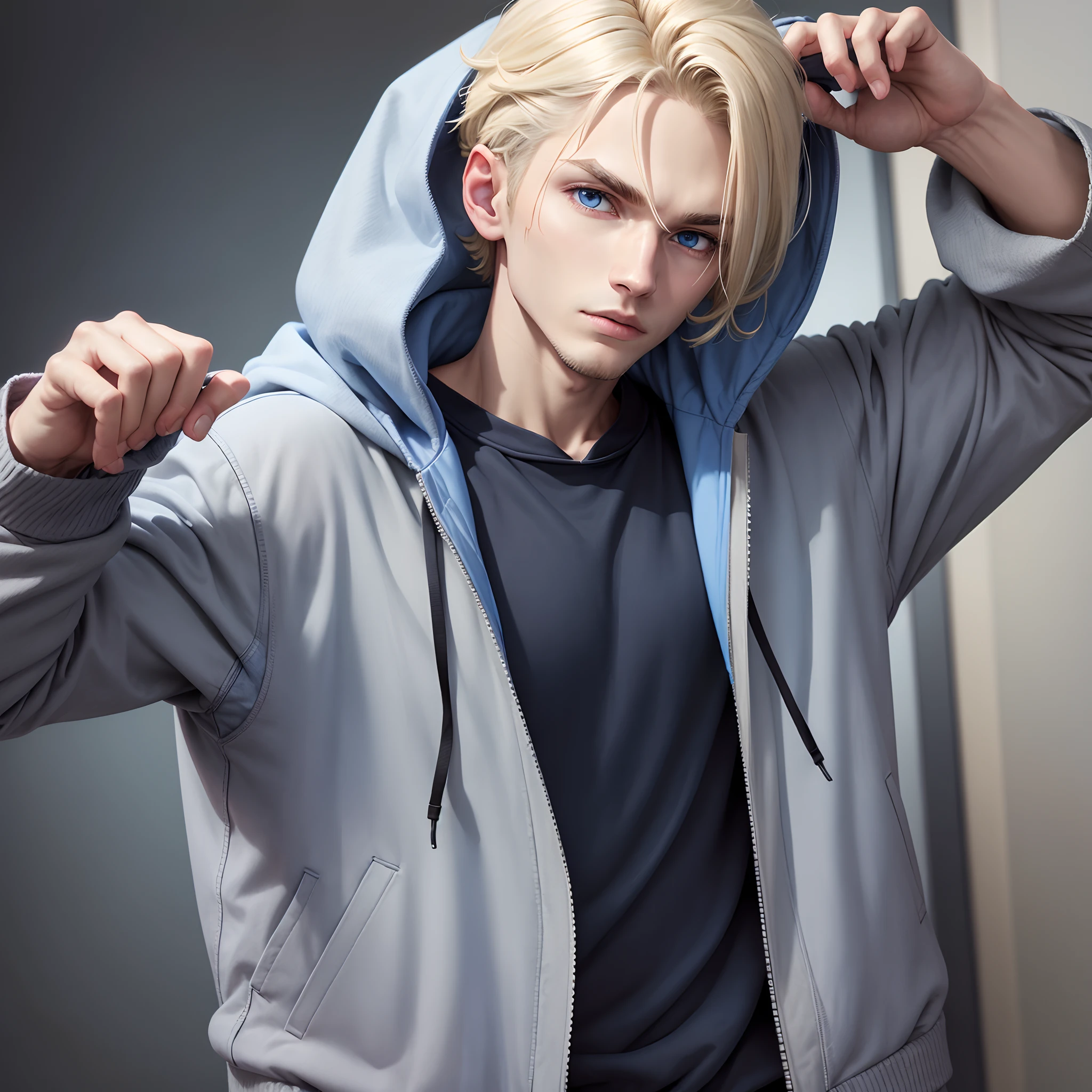 Create There is a boy with blond hair, blue colored eyes, Caucasian skin, which has the face of the character Toji from Jujutsu Kaisen.