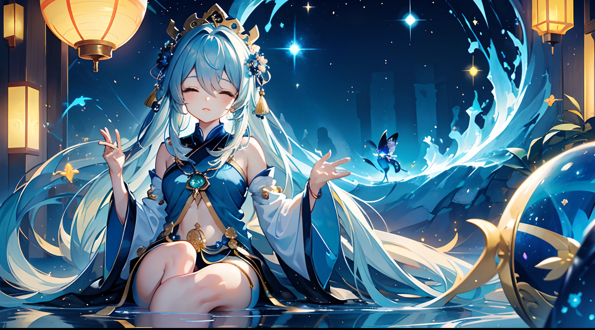 In the vastness of the universe,There is a quantum ocean of blue fireflies,In the center of the blue ocean,There is a huge white jade tree,The goddess girl in front of the tree closed her eyes。