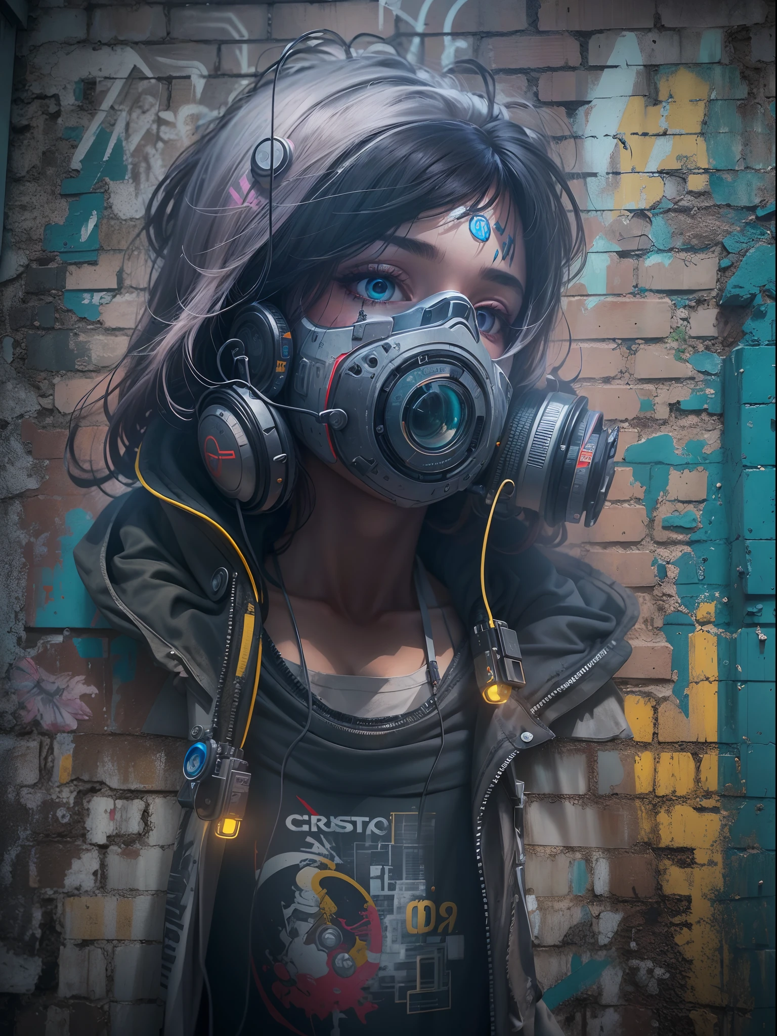 ((Best quality)) , ((Masterpiece)) , (Detailed) , wall Graffiti, (cyber punk perssonage:1.3), Ultra-creative hillside, Hazy conditions, Best quality, Cinematic lighting, 80mm, 8K resolution