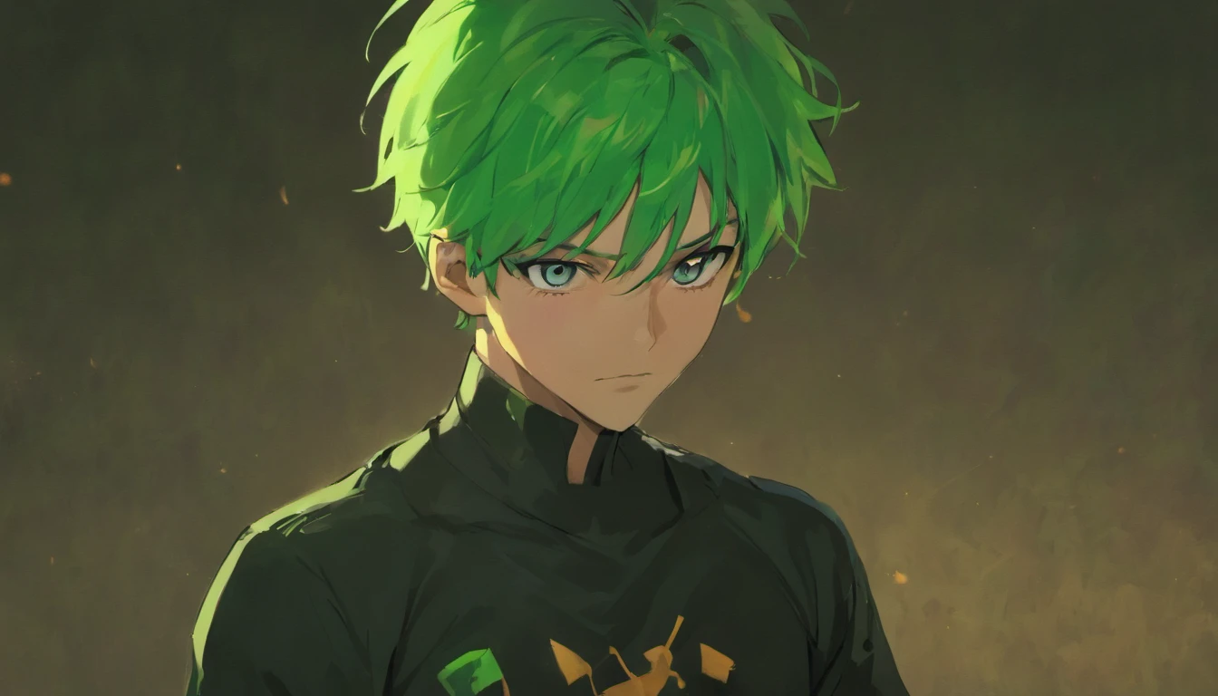 "Zoro:1.2, sporting a stylish black plain t-shirt:1.1, exuding a cool demeanor, direct gaze towards the camera, captured in a half-body shot with a slight smile."