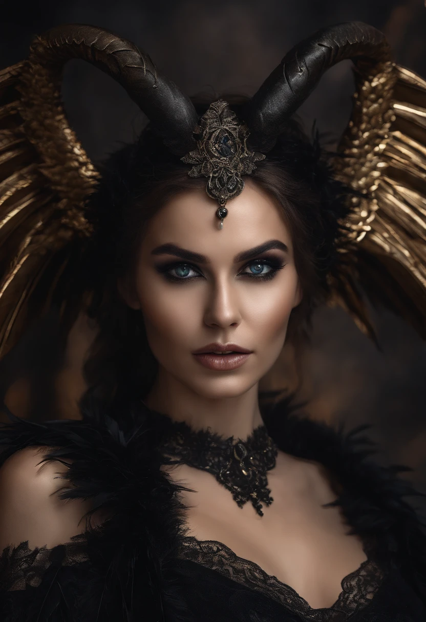 expressive eyes, perfect face (an 8k ultra photo Realistic wide angle lens) best quality, splash art, cinematic lighting, volumetric lighting,
((an extremely delicate and beautiful)), (nice hands, perfect hands),(wet oiled enigmatic, angelic, alluring beautiful exotic Ukrainian demon woman heavy eyeshadow and dark make up with black ram horns wearing black feather shrug topless and black lace panties. dragon wings. front view) moody, surreal, nightmare, NIGHT, STORMCLOUDS, RAINSTORM, LIGHTNING, front exterior GOTHIC CHURCH CATHEDRAL , realistic detailed