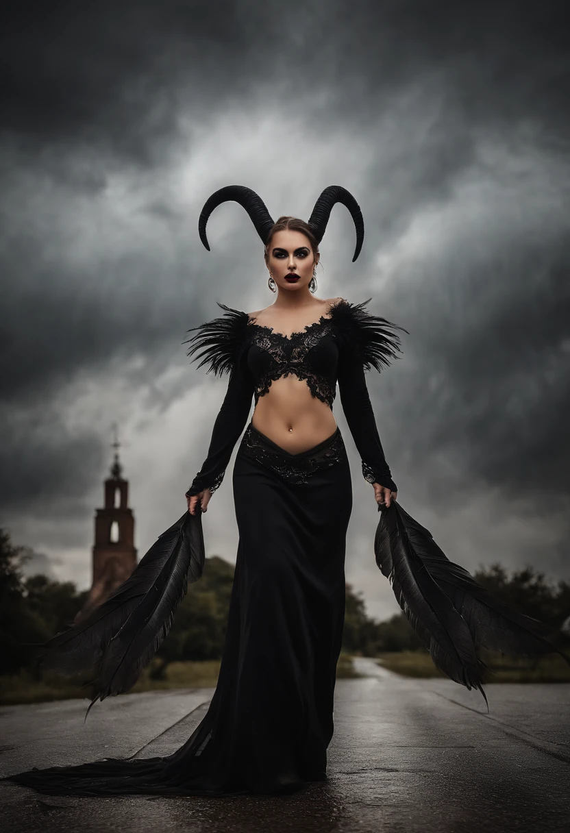 expressive eyes, perfect face (an 8k ultra photo Realistic wide angle lens) best quality, splash art, cinematic lighting, volumetric lighting,
((an extremely delicate and beautiful)), (nice hands, perfect hands),(wet oiled enigmatic, angelic, alluring beautiful exotic Ukrainian demon woman heavy eyeshadow and dark make up with black ram horns wearing black feather shrug topless and black lace panties. dragon wings. front view) moody, surreal, nightmare, NIGHT, STORMCLOUDS, RAINSTORM, LIGHTNING, front exterior GOTHIC CHURCH CATHEDRAL , realistic detailed