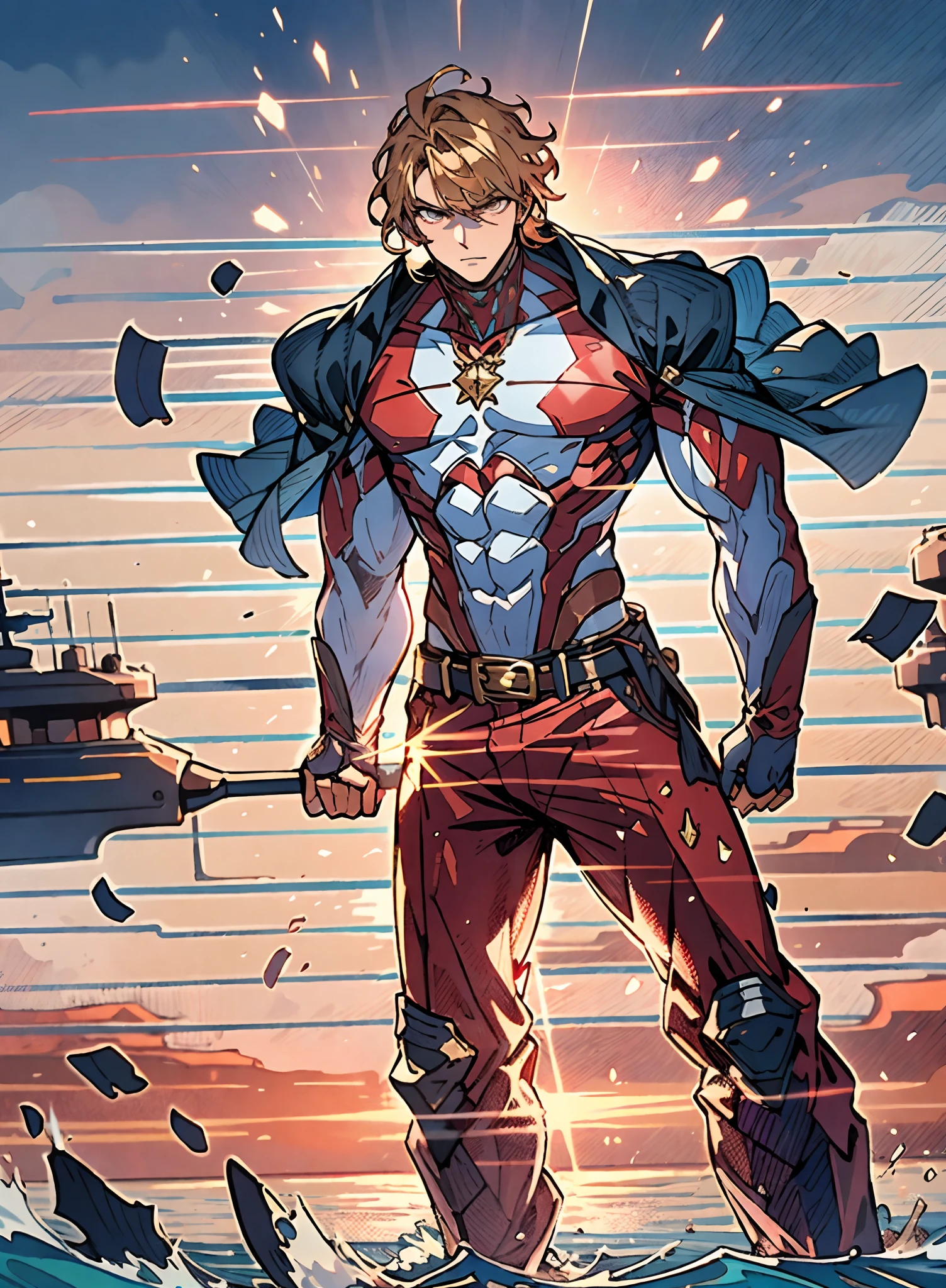 A middle-aged man with short golden hair, thick and tousled hair, a stern look, sharp eyes, well-defined facial features, a strong physique, he wears a short cape that flutters in the wind, a tight-fitting fantasy-style outfit, primarily in shades of blue-purple, accented by touches of orange-red and white, a gold belt with red jewels, matching trousers, the backdrop of a raging sea battle scene, a scene of intense naval warfare unfolds, this character embodies a finely crafted fantasy-style formidable maritime overlord in anime style, characterized by an exquisite and mature manga illustration art style, high definition, best quality, highres, ultra-detailed, ultra-fine painting, extremely delicate, professional, anatomically correct, symmetrical face, extremely detailed eyes and face, high quality eyes, creativity, RAW photo, UHD, 8k, Natural light, cinematic lighting, masterpiece:1.5