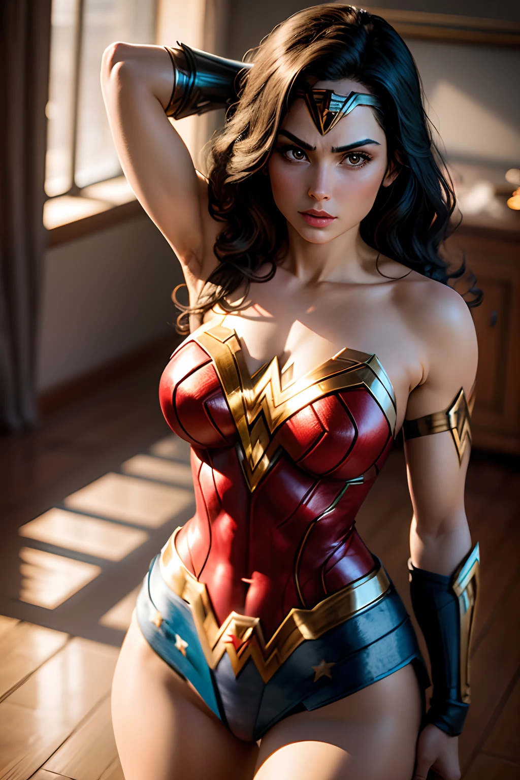16 year old Lynda Carter as ((Wonder Woman)), new york city background, night, city lights, (((detailed blue eyes, masterpiece, cleavage))).