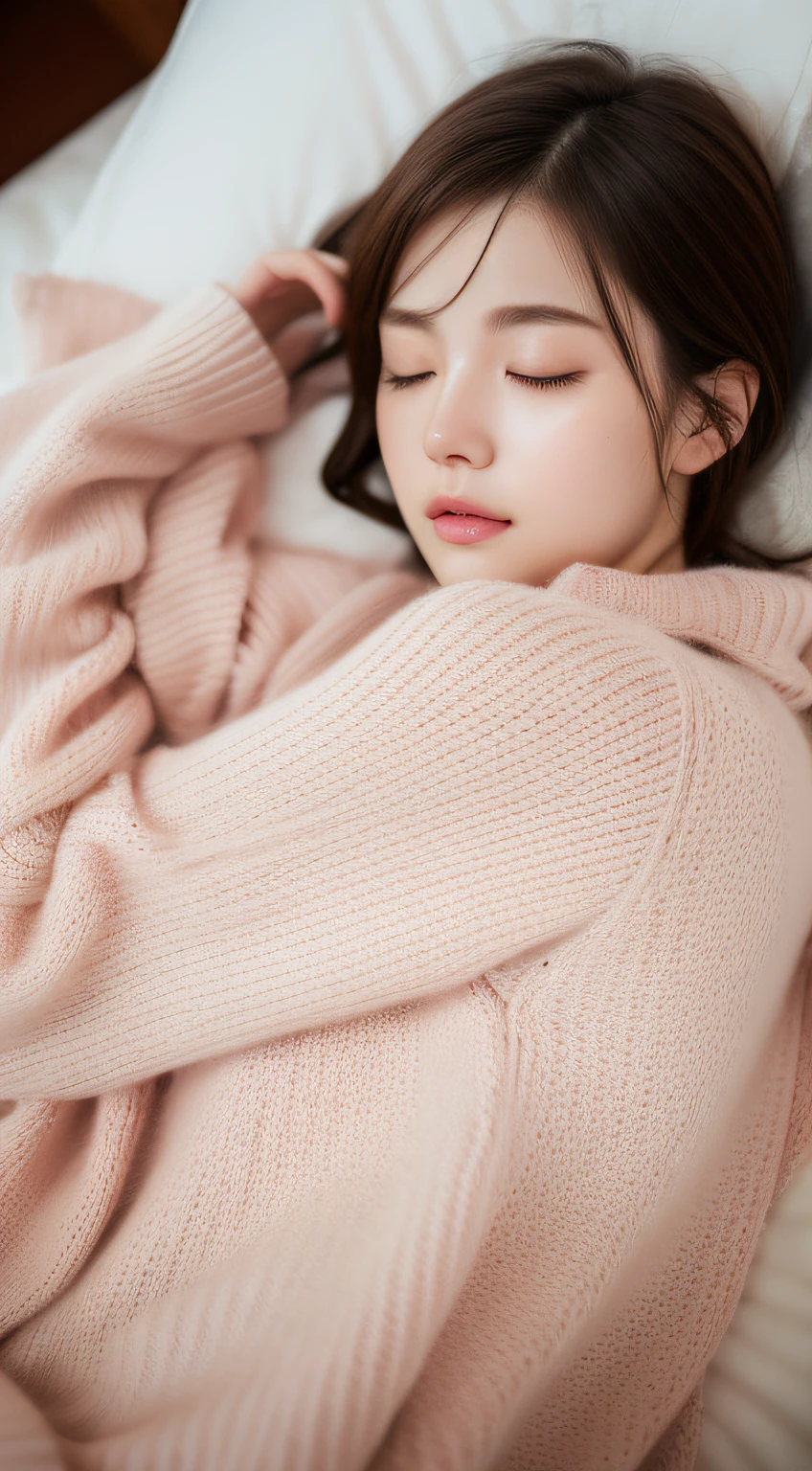 (NSFW),(RAW photo, Best quality), (Realistic, photo-realistic:1.2),High quality, (highdetailskin:1.4), 1girll,Lie down in bed，Sweaters,Closed eyes，Enjoy，Blush