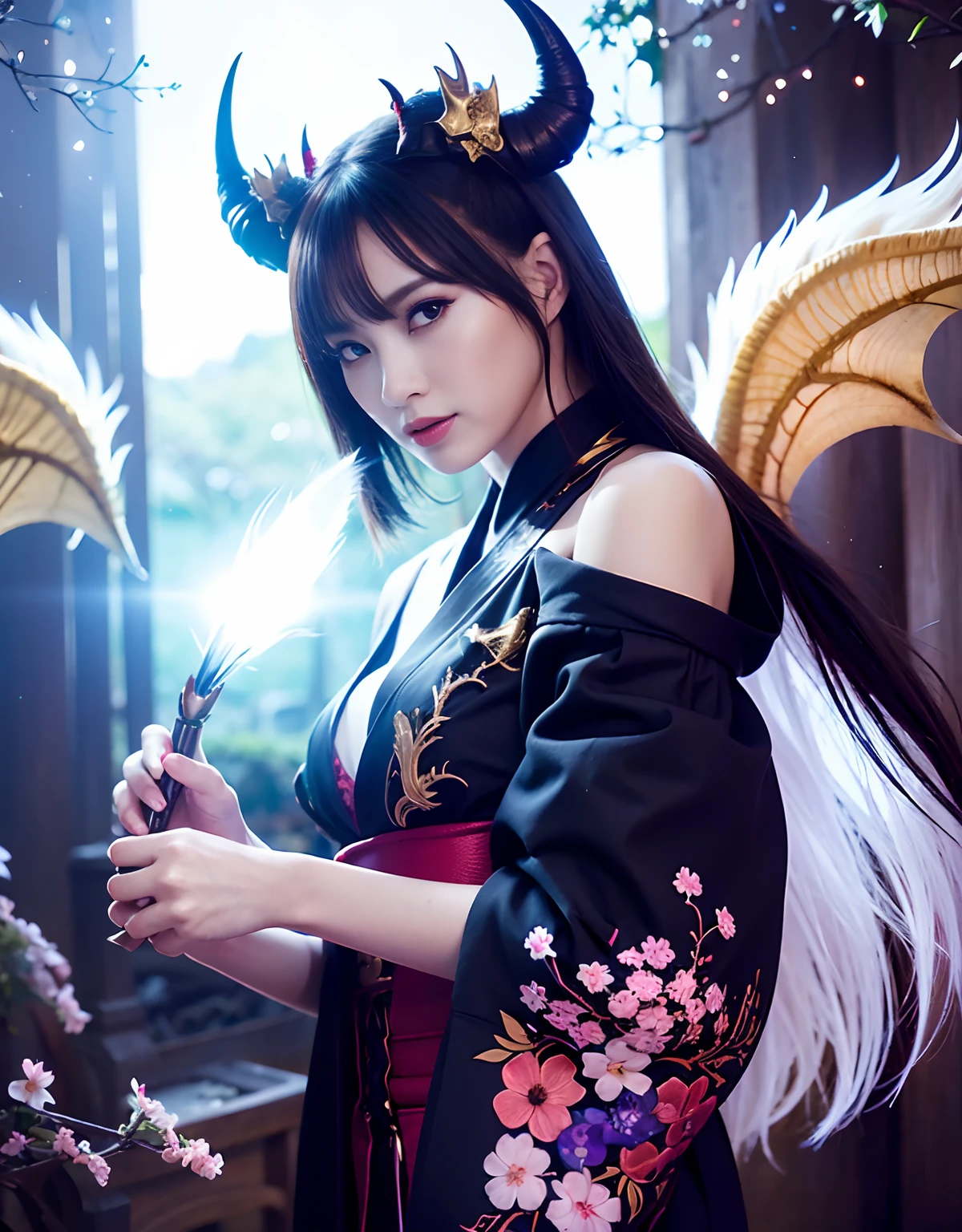 ((White ghost flies)),Professional , masterpiece、top-quality、photos realistic , depth of fields 、(Various poses)、(Background of cherry blossoms in full bloom),(Ultimate Beauty)、(A dark-haired)、(Fight ninjas)、Mystical expression、(Kimono with scary pattern)、(Night background)、((Devil's Wings Grow)),(Wear a kimono with a horror pattern),Armpit、(Wearing a beautiful kimono with colorful scary patterns)、Jewel Gold Weapon、Particles of light),(Has a devil's mask)、Gorgeous gold weapons ,Skeleton population、(( Gorgeous Dragon Sword)) , (a dark night),,(White ghost flies) 、((Black Haired Beautiful Girl))、(Castle background)、(demonic wings)、((Gangle's forest background))、Beautiful Caucasian beauty、1a person、dynamic ungle,(((Two devil's horns on the head)))、Smaller head、Idle Smile、Thin and beautiful female hands、Mystical expression、Light Effects、intense fighting、Wind-effect、magic circles、With the legendary magic wand、Dragon's tail、