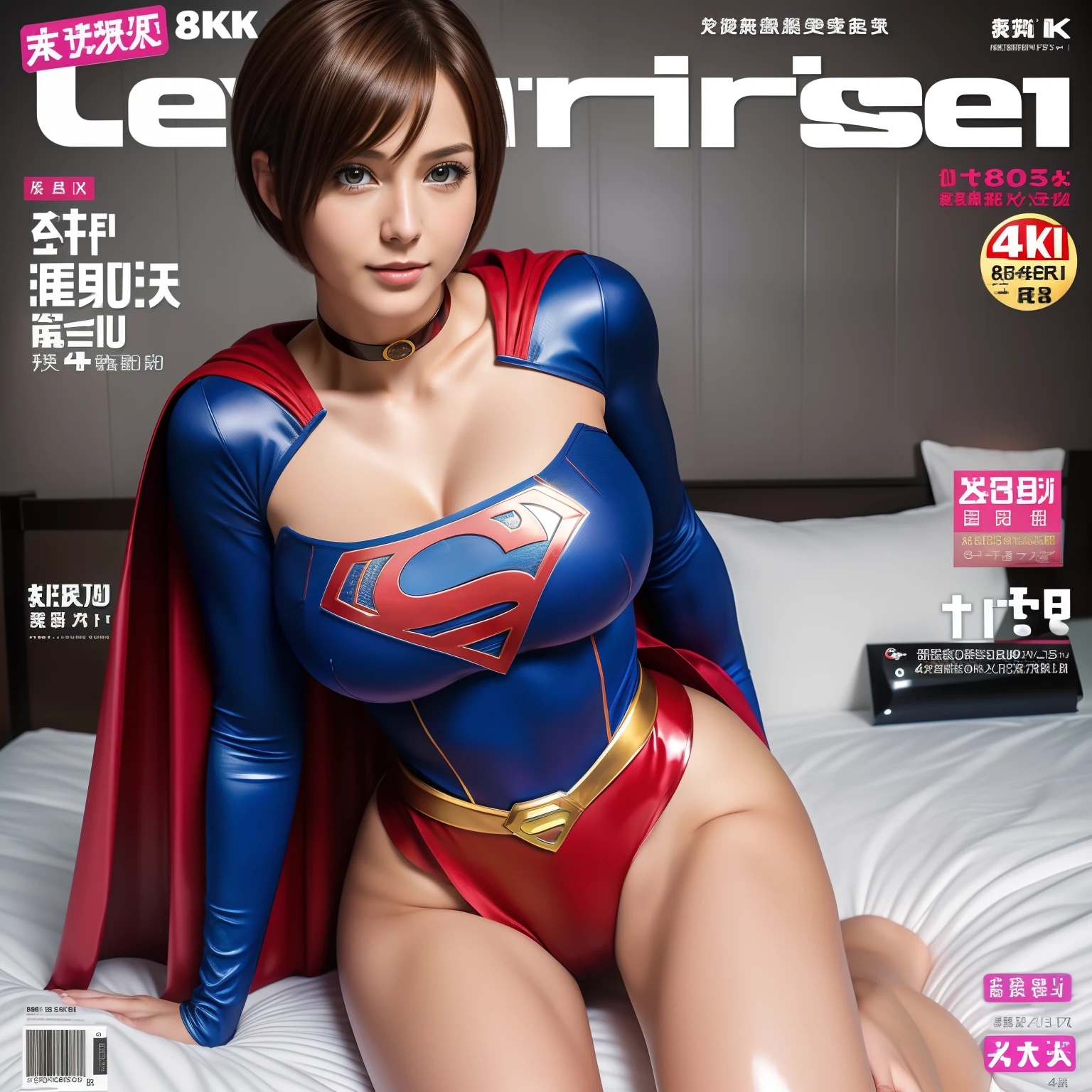 (Best Quality,4K,8K,hight resolution,masutepiece:1.2),Ultra-detailed,Realistic:1.37,Super masterpiece,Short-haired Supergirl sitting on bed、large full breasts、Looking at the camera、Glossy costume、a choker、bare-legged、Weekly magazine cover、Cheerful pose