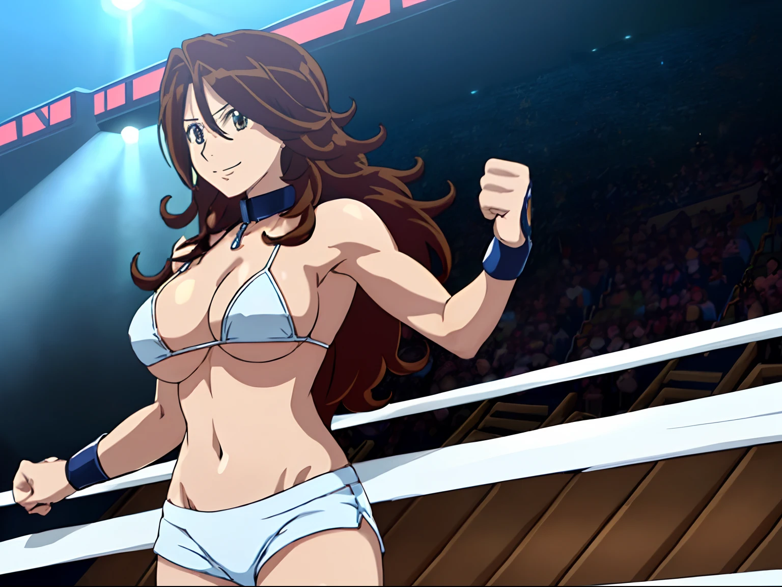 cowboy shot, upper body view, anime style: 1.8, anime drawing, ultra detailed face, ultra detailed body, 4k, Sumergai Lee Noriega, (standing), best quality, anime style, hires, highest definition, digital blending, bold drawing lines, ((slender body, (female wrestler)), (location: wrestling arena, crowds watching), (strong, tall, broad shoulders, , biceps, thighs), ((white micro bikini, shorts, groin, white boots, don't show hands, collar)), victorious, winner, smile, , (big breasts), (big eyes, brown eyes), (warming up), (brown hair, loose hair, curly hair, wavy hair, long hair, missy hair), 27 years old, (show both armpits, closed fists)