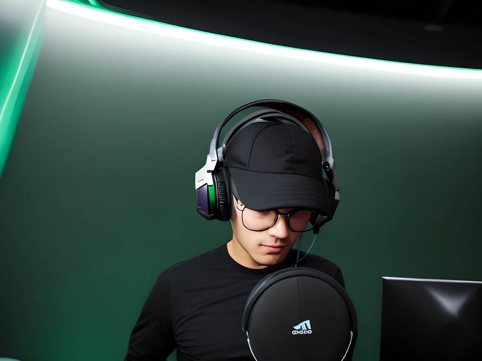 there is a man wearing headphones and a hat holding a microphone, with head phones, with headphones, twitch streamer / gamer ludwig, profile picture 1024px, wearing gaming headset, wearing a headset, wearing a gaming headset, green screen, headshot profile picture, wearing headset, wearing modern headphone, wearing headphones, halfbody headshot, wearing black headphones