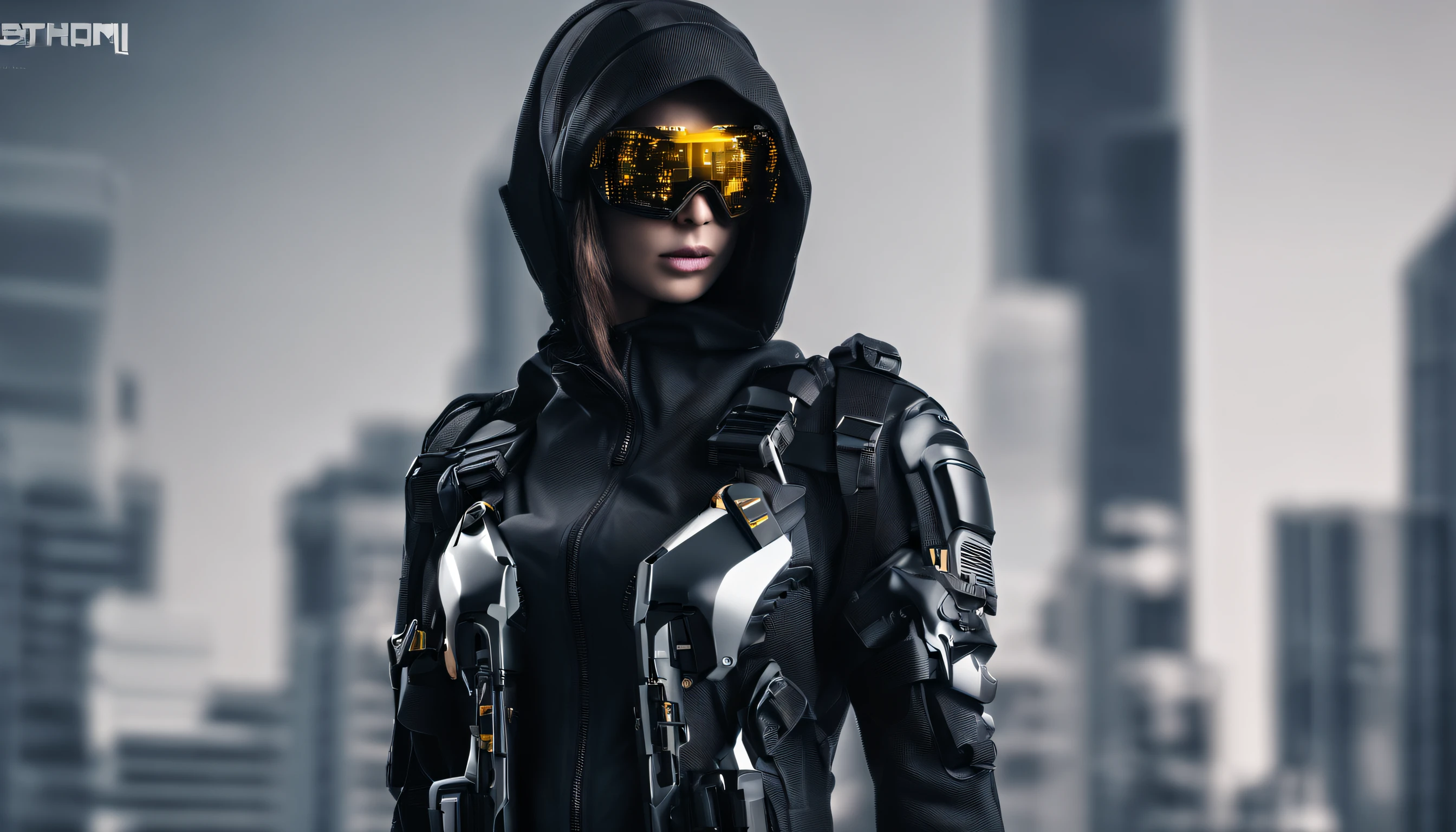 (full-body portraits),big breasts body(1:1.3),(golden colored,Amber goggles),Storm jacket,Indoor white background,agent,Uma personagem feminina