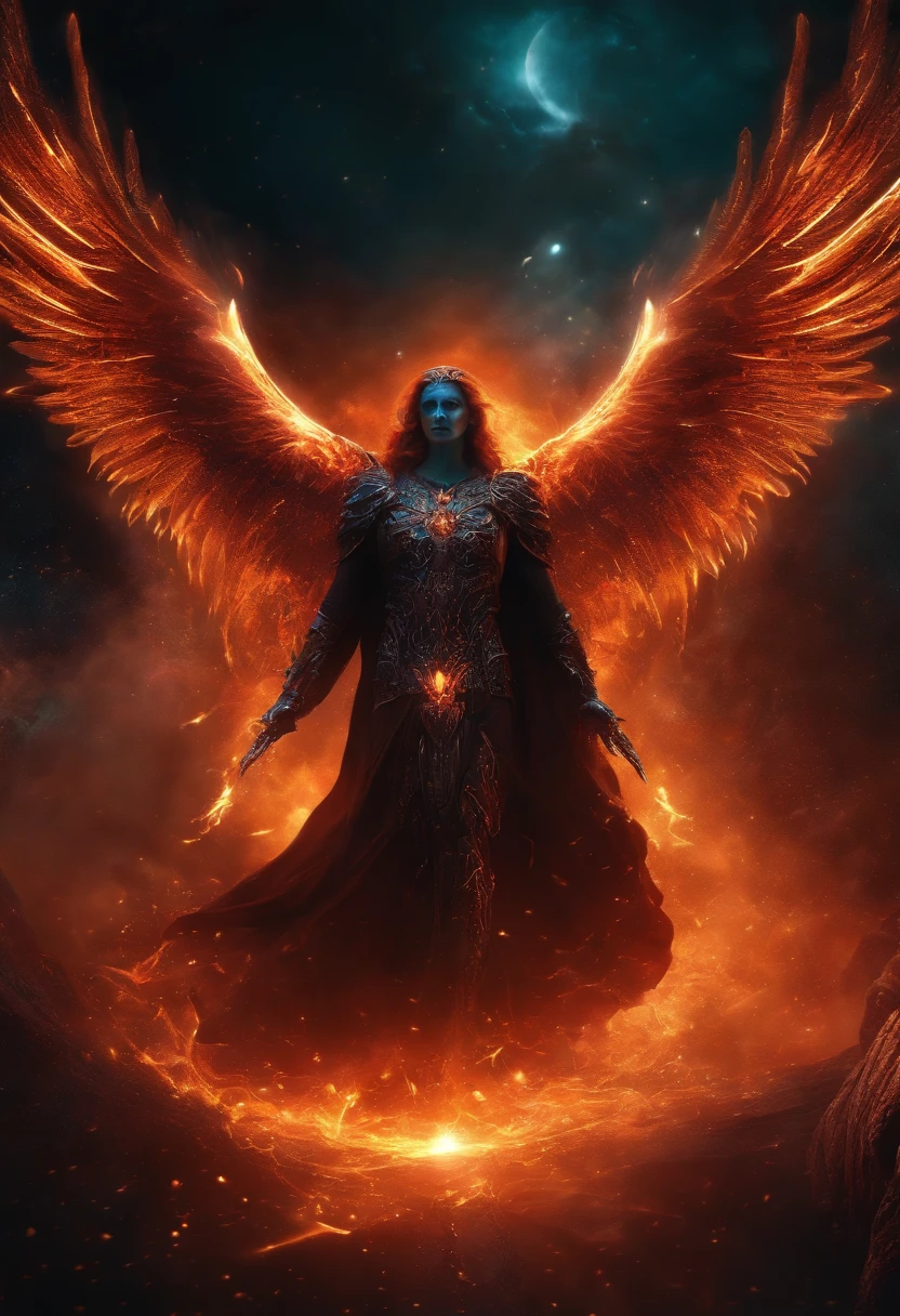 Cosmic Fallen Angel, Glowing fiery eyes, biomechanical, eldritch, Creepy, nightmarish, Very bright colors, light particles, with luminous light, attack,Miff, Wallpaper Art, UHD wallpaper