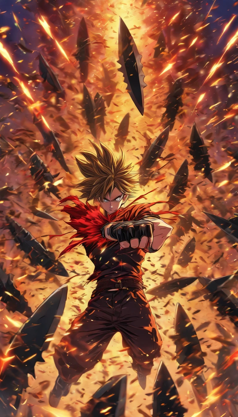 A very large number of throwing knives surround the shock wave