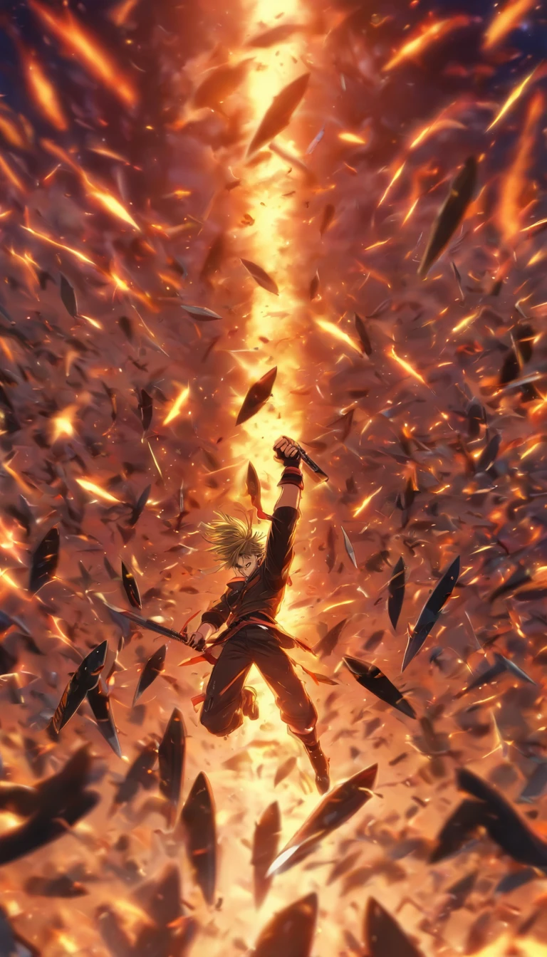 A very large number of throwing knives surround the shock wave