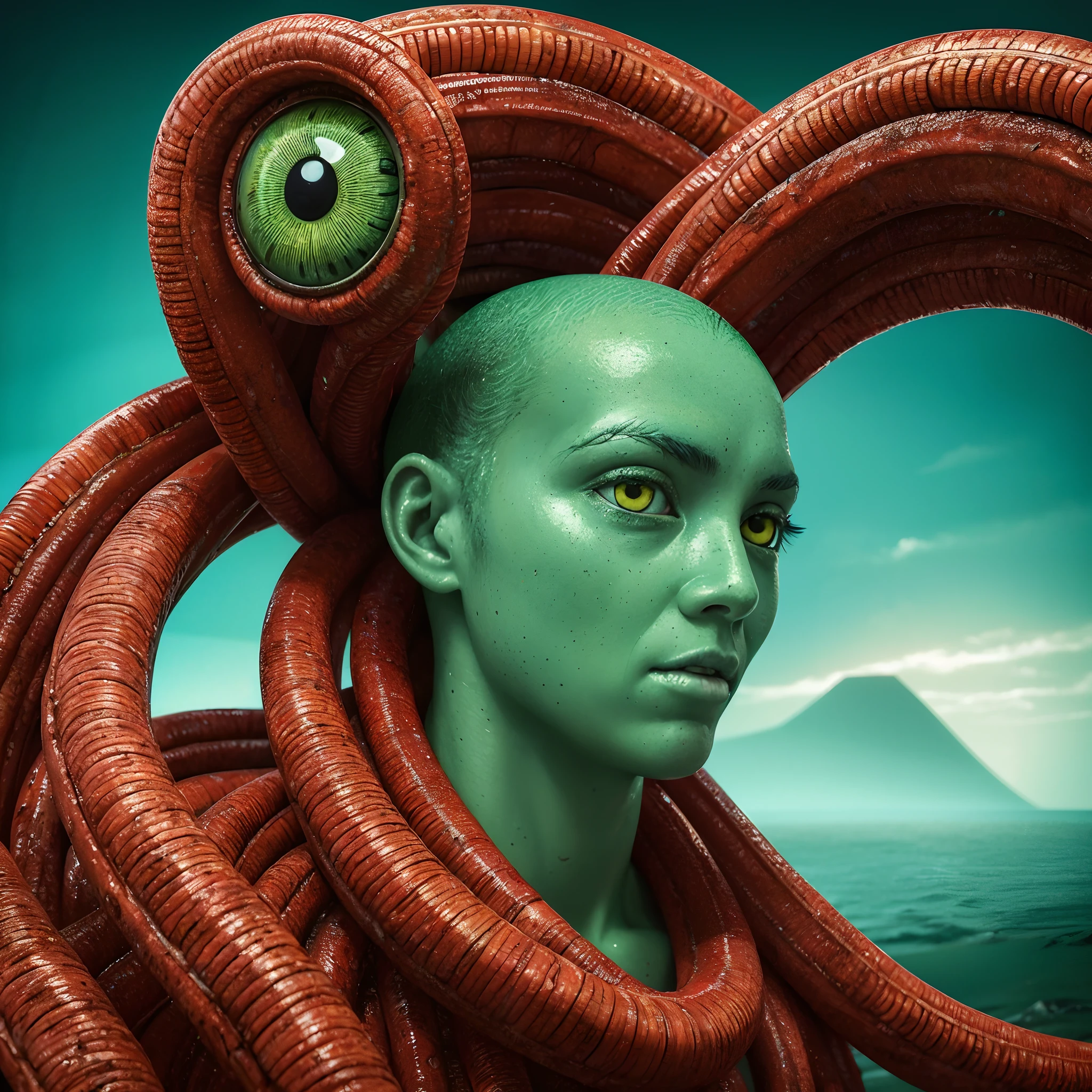 Portrait of an alien creature,tipo viscosa,tamanho grande,paisagem da praia,sea of alien green water,Three bright eyes,Gelotinous tentacles,pele escamosa colorida,red skies,retrato,horror,artistas conceituais,vivid colors,foco nítido,studio lighting