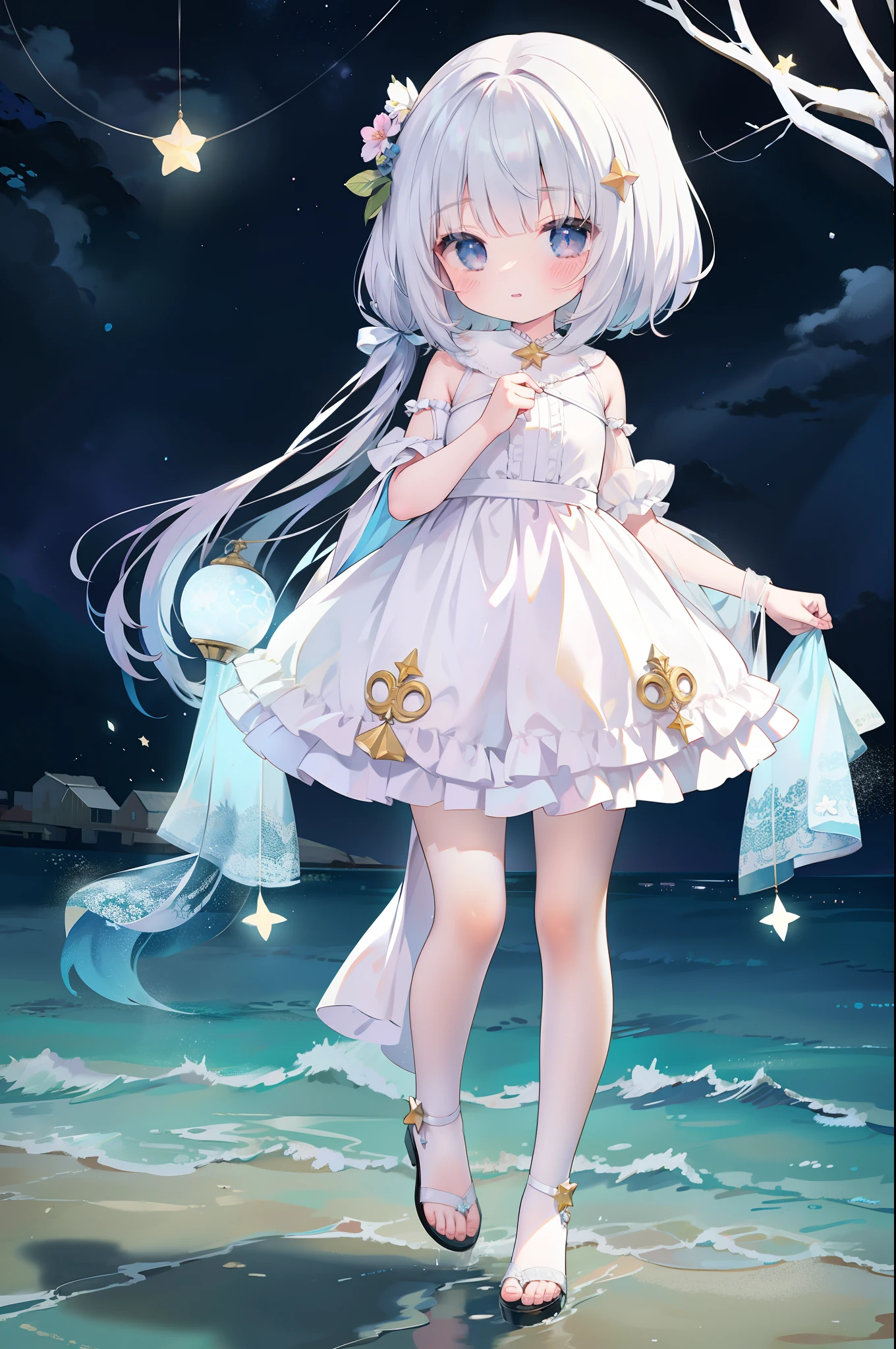 The *********** in beautiful clothes is cute，Holding a glowing star by the sea，Full body photo