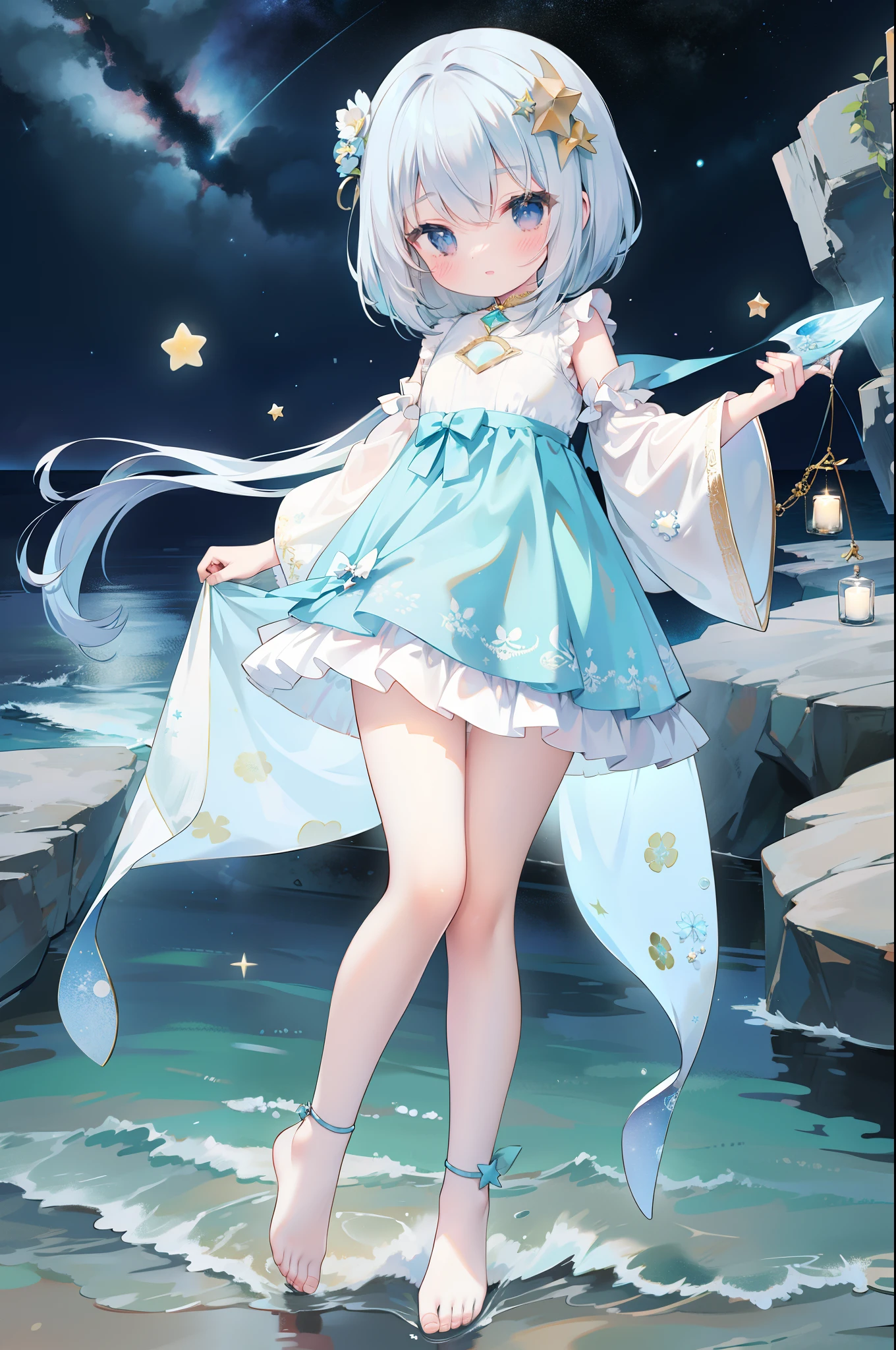 The *********** in beautiful clothes is cute，Holding a glowing star by the sea，Full body photo