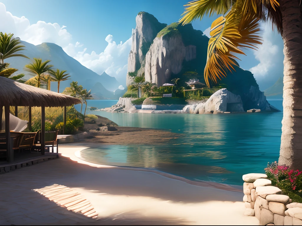 (Perfect artwork, Masterpiece:1.3), Top quality, 8K, Digital illustration, (fantasy), Sharp focus, inricate, (Details), Perfect framing FF8BG, No Man, Outdoors, Building, Ocean, Seaside village, tropical, architecture, sandrocks, voluminetric lighting, full bloom, (scenery), sea breezes, palm tree, (Contemporary), Futuristic