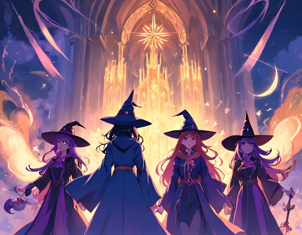 (Seven people，Seven beautiful witches，French formation:1.5)，The long, flowing beard and a pointed hat stands in a dark, palaces. The witches raised their hands，Chanting，Faraway view, holy ritual