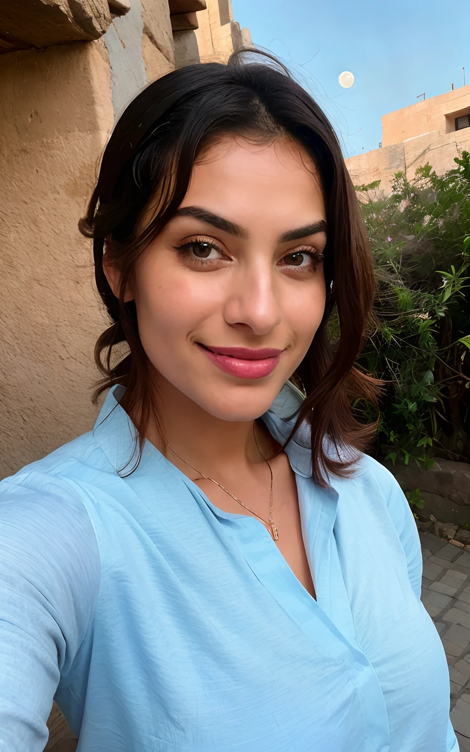 1 Arab woman ((upper body selfie, smiling)), masterpiece, best quality, ultra-detailed, restaurant, (noirte), nature, cheerful, looking at the moon, happy, backpack, light blue closed-sleeved shirt, shadows, contrast, clear sky, style, (warm hue, warm tone: 1.2), close-up, cinematic light, side lighting, ultra high resolution, best shadow, RAW, body face part, serious look, breasts normal, 4k,