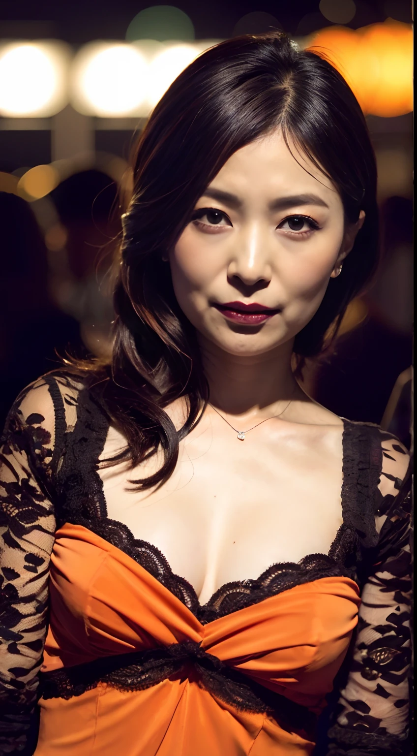 ((top-quality、8K、masterpiece:1.3))、Photorealsitic, foco nítido, high-level image quality, hight resolution, Portrait, Solo, japanes, Middle-aged woman, Beautie, A sexy, People in Halloween Cosplay々, Zombie Makeup, Zombie Cosplay, 40 years old, (a small face:1.3), (heavy make up:1.1)、Smaller chest, Bob Hair, (Wrinkles at the corners of the eyes:0.6), In the city of Halloween, Shibuya,Shibuya Scramble Crossing, natta, neons,