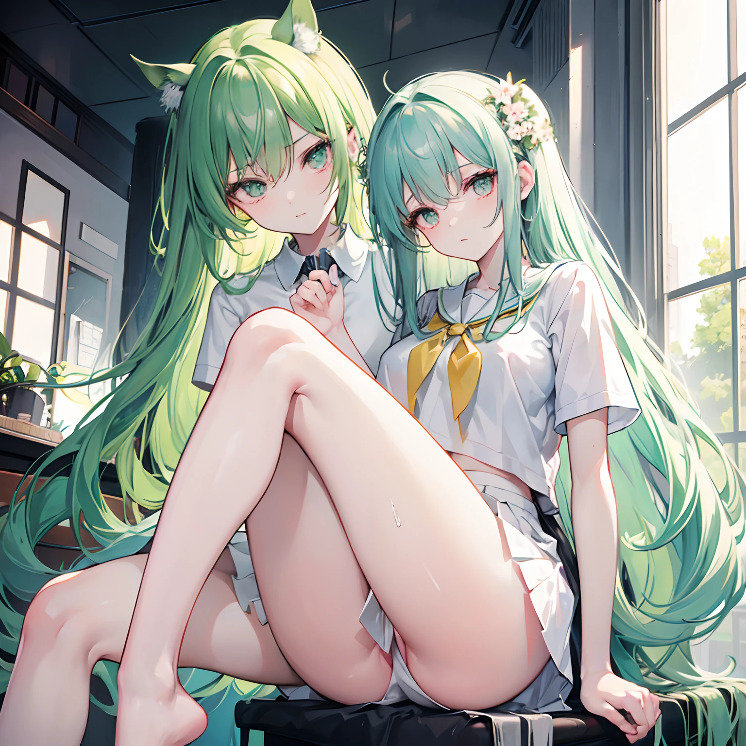 Long pale green hair,Microvolumes,dual horsetail,,huge tit,Pink eyes,chiquita,Hair curtains,sit on chair,Holding Erlang's legs,Bare legged,close-up on legs,Long legs,A bottom-up perspective,hand on leg,,Clothes soaked with sweat,The chest is high,The look of holding your head up and your chest up,Wearing a white school uniform,white skirt