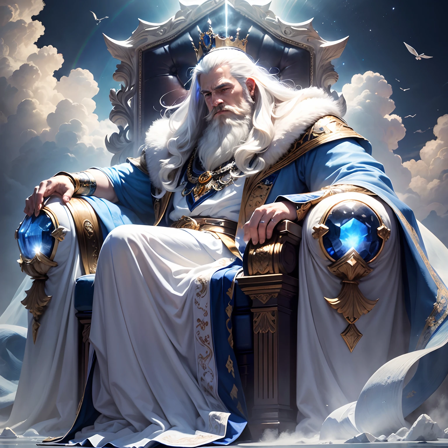 (masterpiece, best quality, ultra-realistic), God's powerful blue throne made of sapphire stone, a rainbow over the theone, the throne floating over the clouds, high resolution, divine man, majestic, strong, imposing, white hair and beard, white clothes, (emitting light:1.3), (gleaming:1.2)
