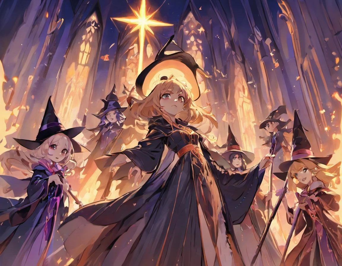 (Seven people,Seven beautiful witches,French formation:1.5),The long, flowing beard and a pointed hat stands in a dark, palaces. The witches raised their hands,Chanting,Faraway view, holy ritual