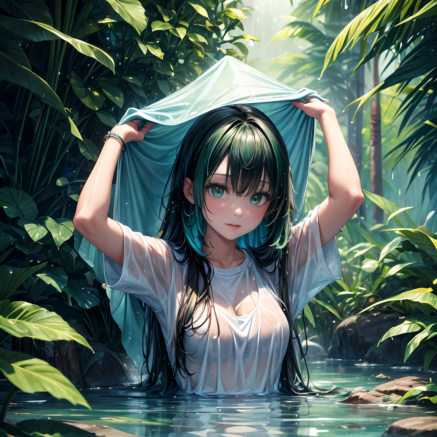 masterpiece, best quality, casual outfit, colorful hair, outdoor,upper body, colorful summer clothes, ((fully clothed)), warm clothes, wet clothes, soaked, drenched, excited, wet hair, wet and slimy, water up to her chest, submerged, translucent, fantasy environment, fantastical, vivid colors, varied poses, detailed green eyes,