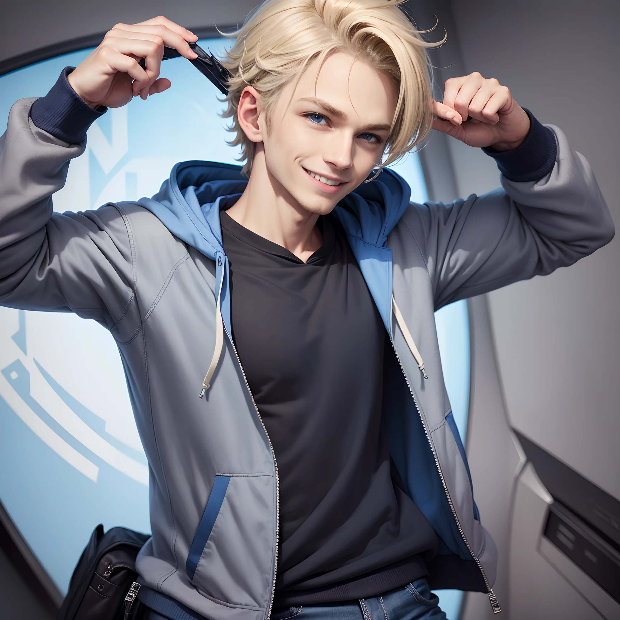 One guy,Silly,Smiling,Hair coolor(Blond),Eye color(Blue),Outfit (Grey opened Jacket with hoodie,Blue T-shirt,Black Jeans)