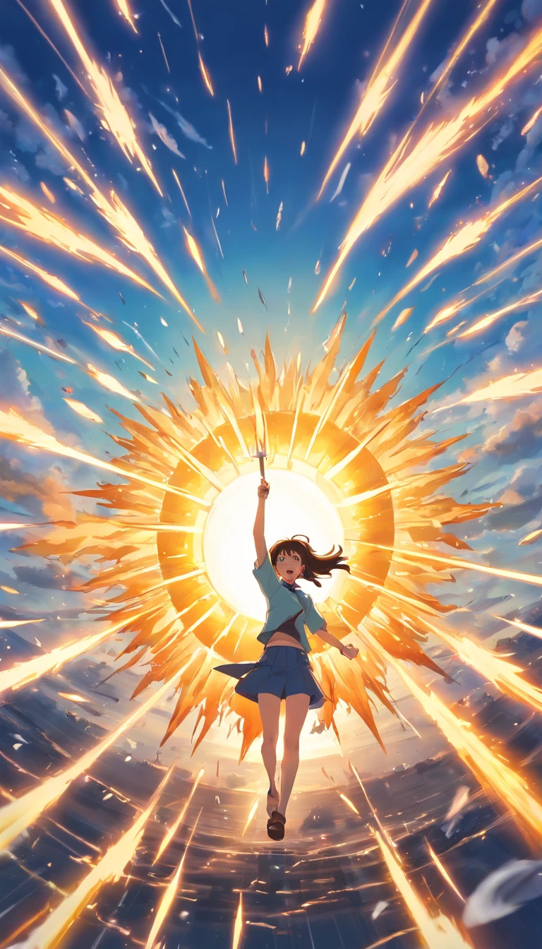 The sun is in the middle,A large number of throwing knives surround the shock wave