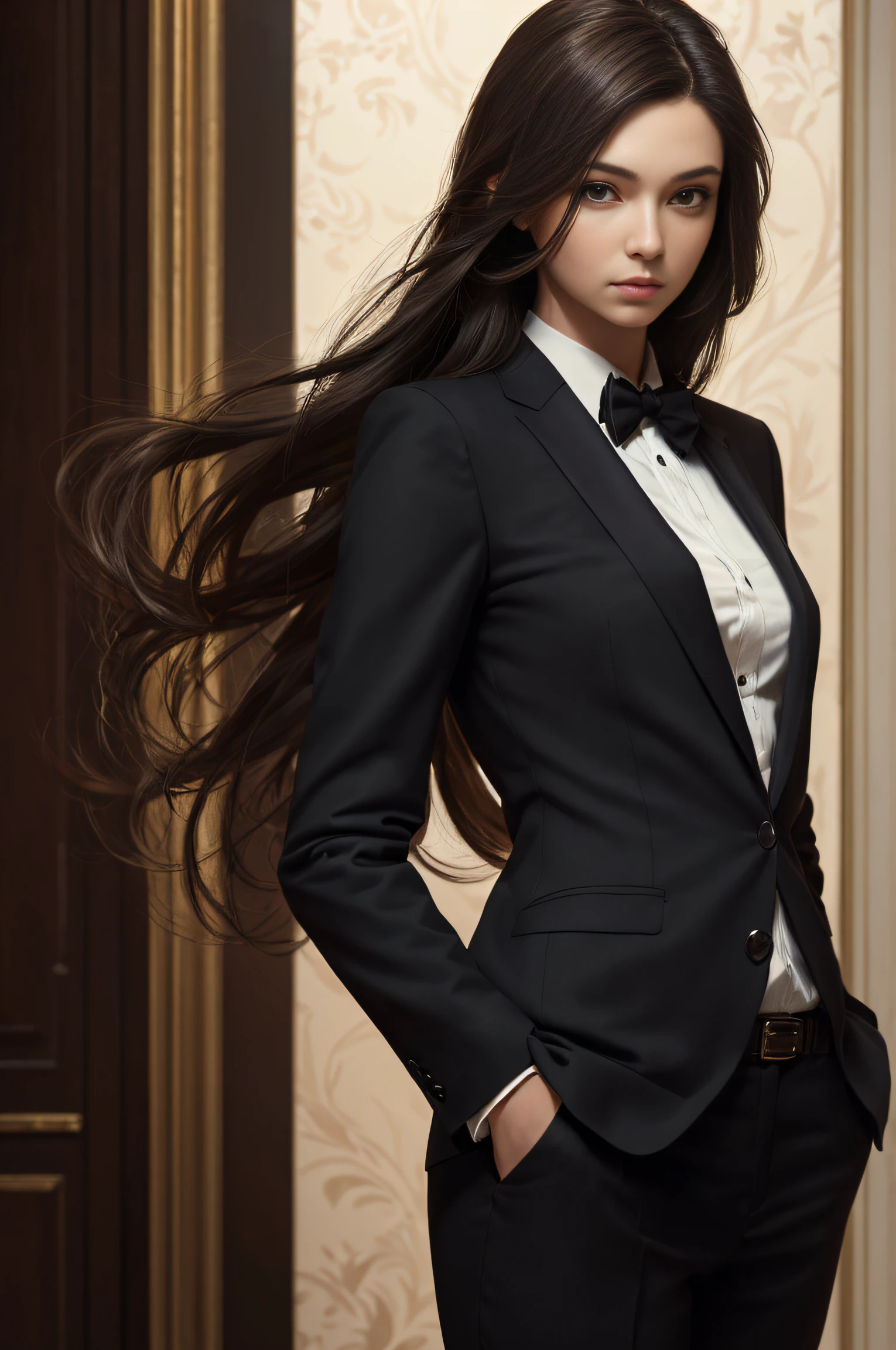 (masterpiece, highest quality, perfect details:1.4), half body, fur, (girl in suit:1.5, long hair, black tie), (realistic hair:1.2), very intricate, light diffusion, (dynamic posing:1.1), solo
