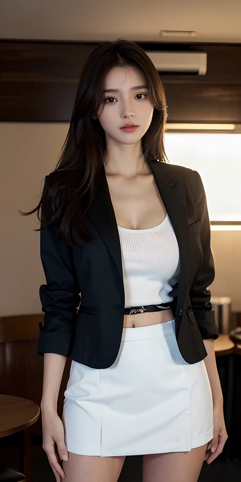 1girl, (white shirt, extra clothes,black blazer,black mini skirt),brown hair,long hair,standing a canteen, detailed face, detailed eyes, huge breasts,body slim, shiny skin, looking at the audience, (8k, RAW photo, best quality, masterpiece: 1.2), (realistic, realistic: 1.37), ultra-high resolution