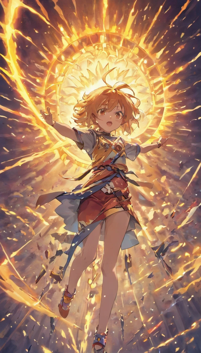 The sun is in the middle,A large number of throwing knives surround the shock wave