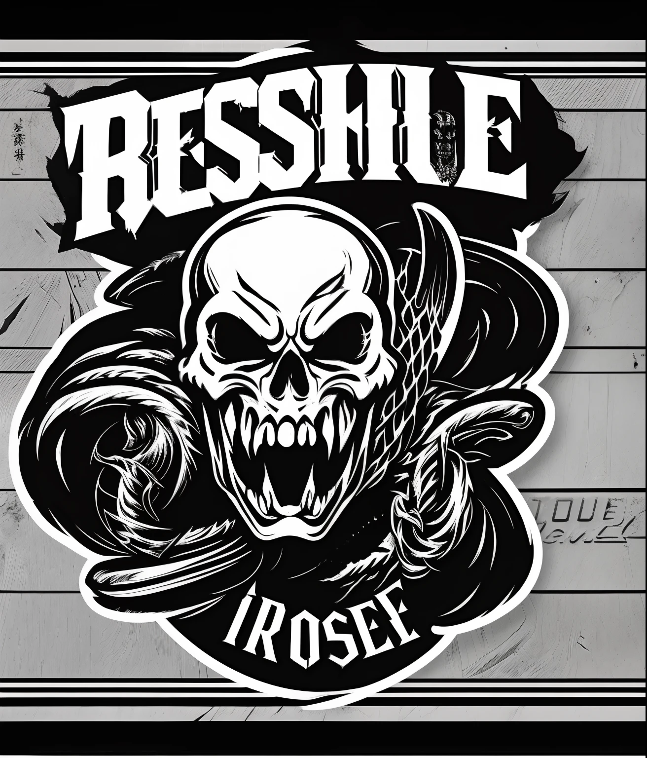 skull、professional wrestling、black-and-white、Vintage style、(tshirt design)、Masterpiece realistic volumetric light、