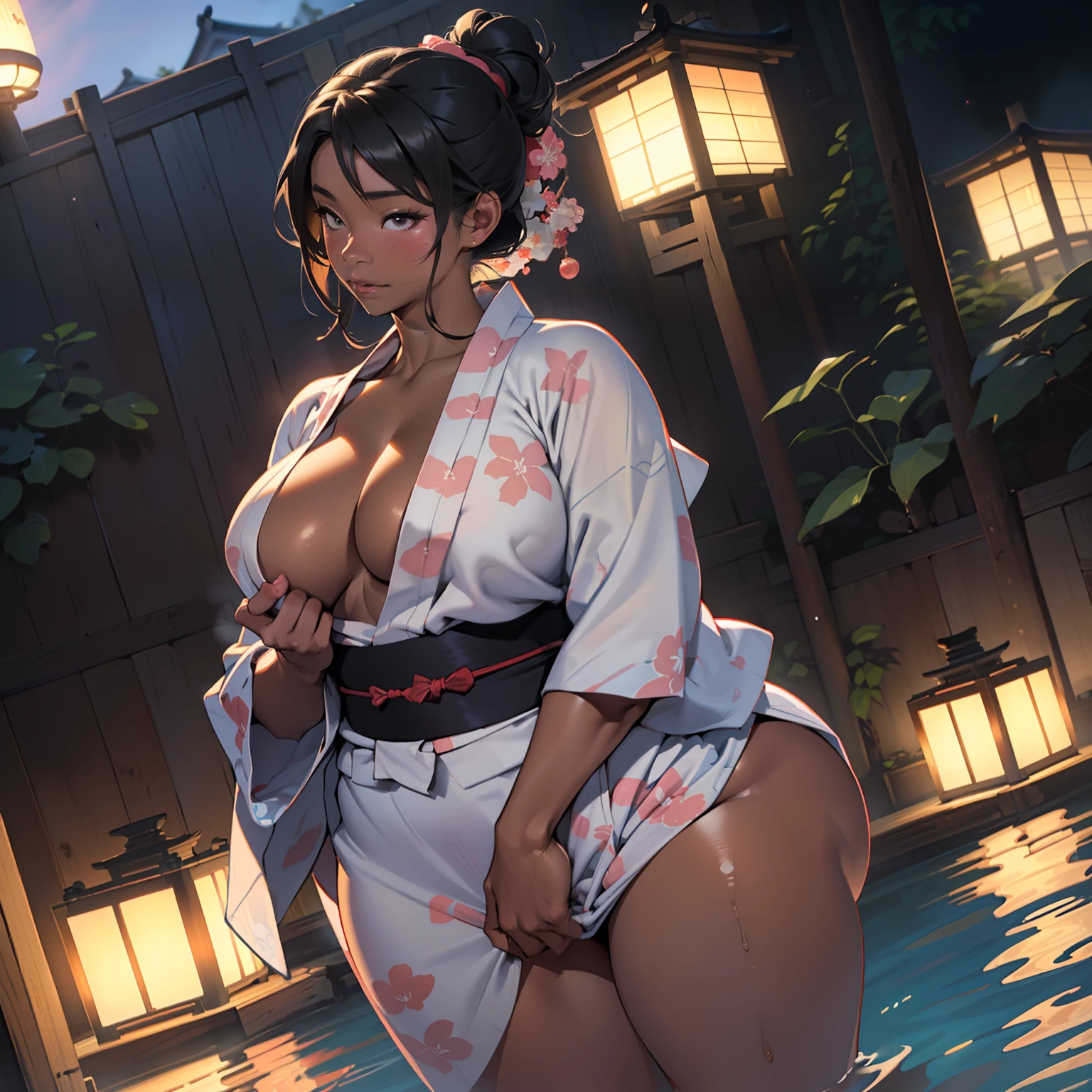 there is woman that is in onsen,(((A MILF: 1.4))), (Curvy:1.35),(((Dark skin))),Curvy physique,, Thick body,((big nipple)),((Completely naked)), (((pinching breasts under yukata))),((Transparent yukata)),(open legs),((pubic hair)), high-end onsen, Onsen, sakimichan, model in Japan,((Sexual suggestiveness)),