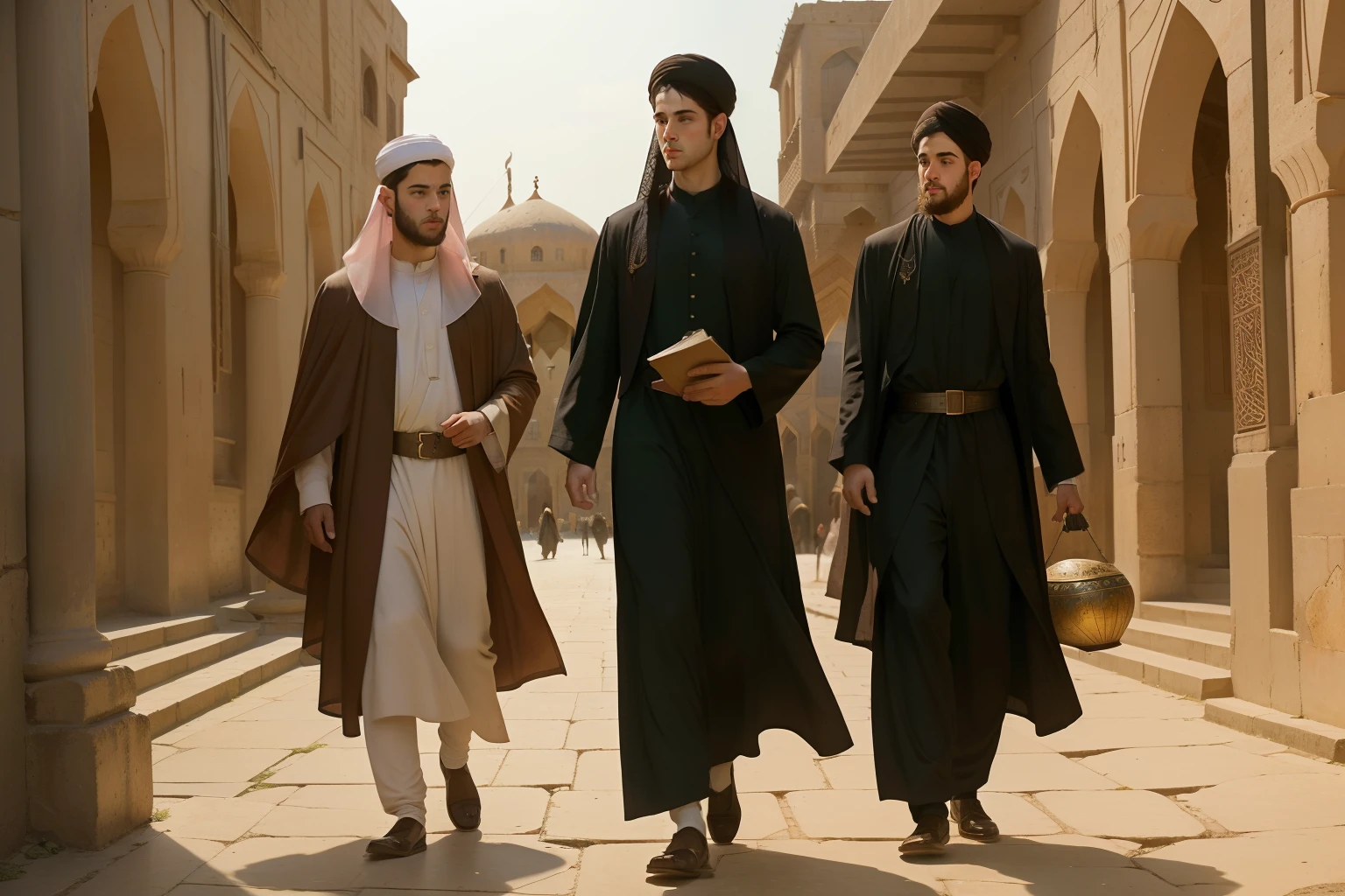 Year: 11th century. Location: Shiraz. Pre-raphaelite scene with a 22-year-old jewish man, with two more young men, walking through empty rose quartz streets, ((ominous feeling)) ((fear)), ((((11th century qamis)))) ((11th century hairstyle)), (((cinematic style)))