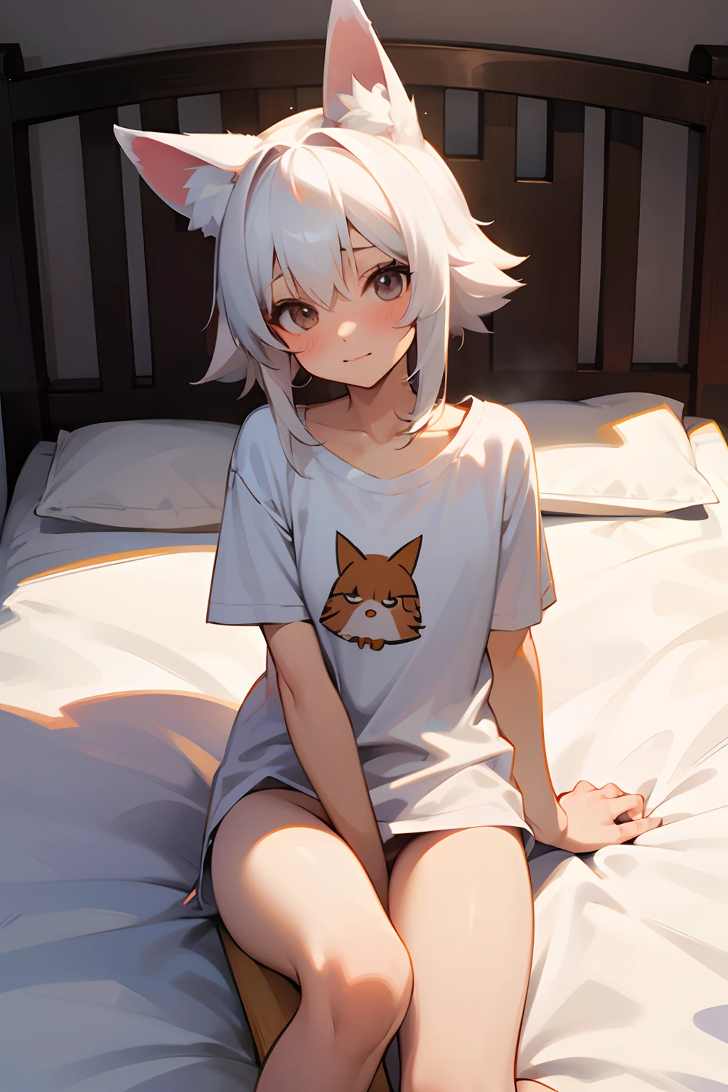 Your cute innocent  sister wants to please you. No pants, no panties, small shirt, fox ears, fox tail, cute, young, small, nervous, on bed, white hair, very young