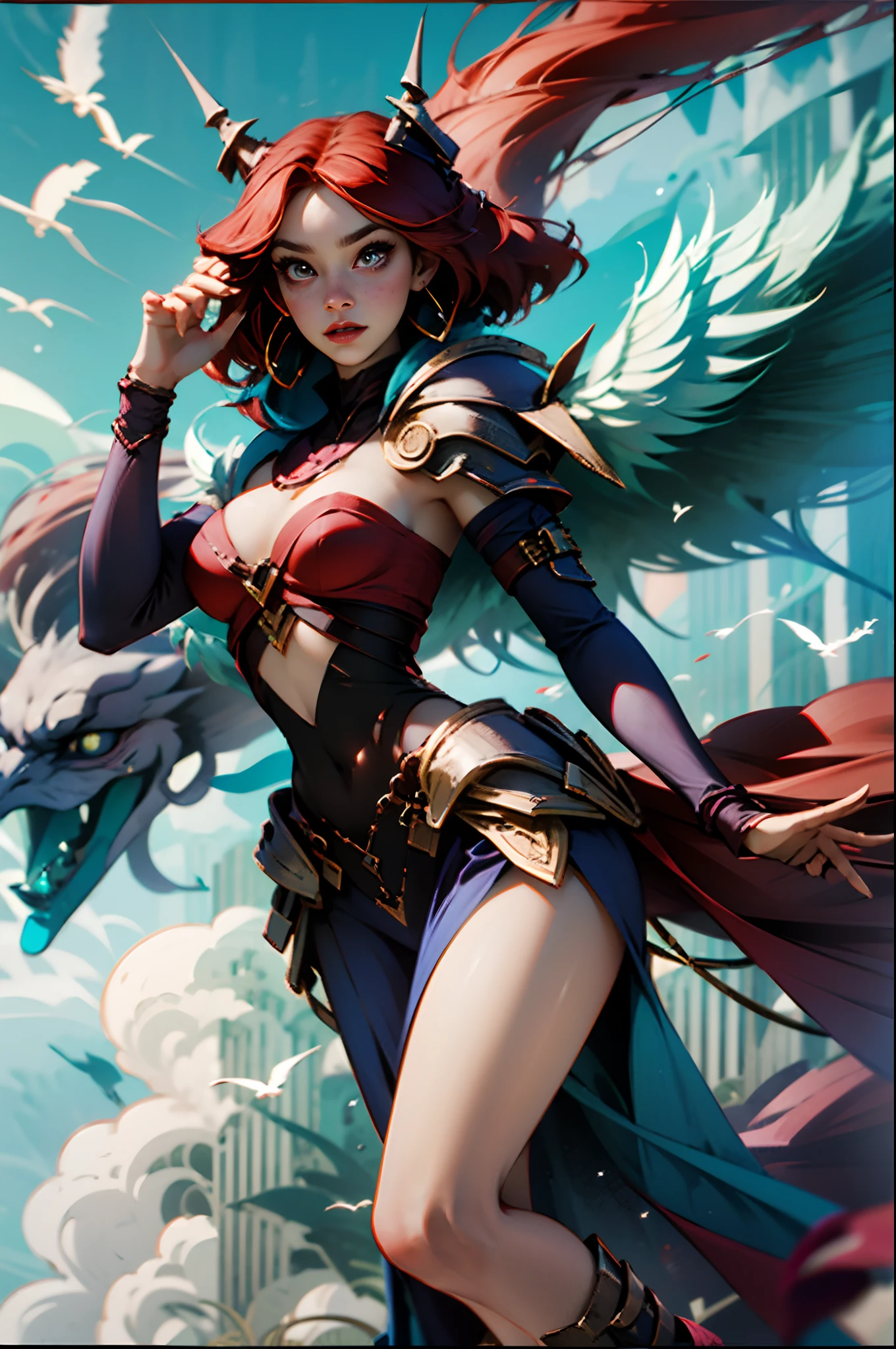 unusual clothes for a woman with bird arms and legs, blue feathers, red hair, full body, perfect face --auto --s2