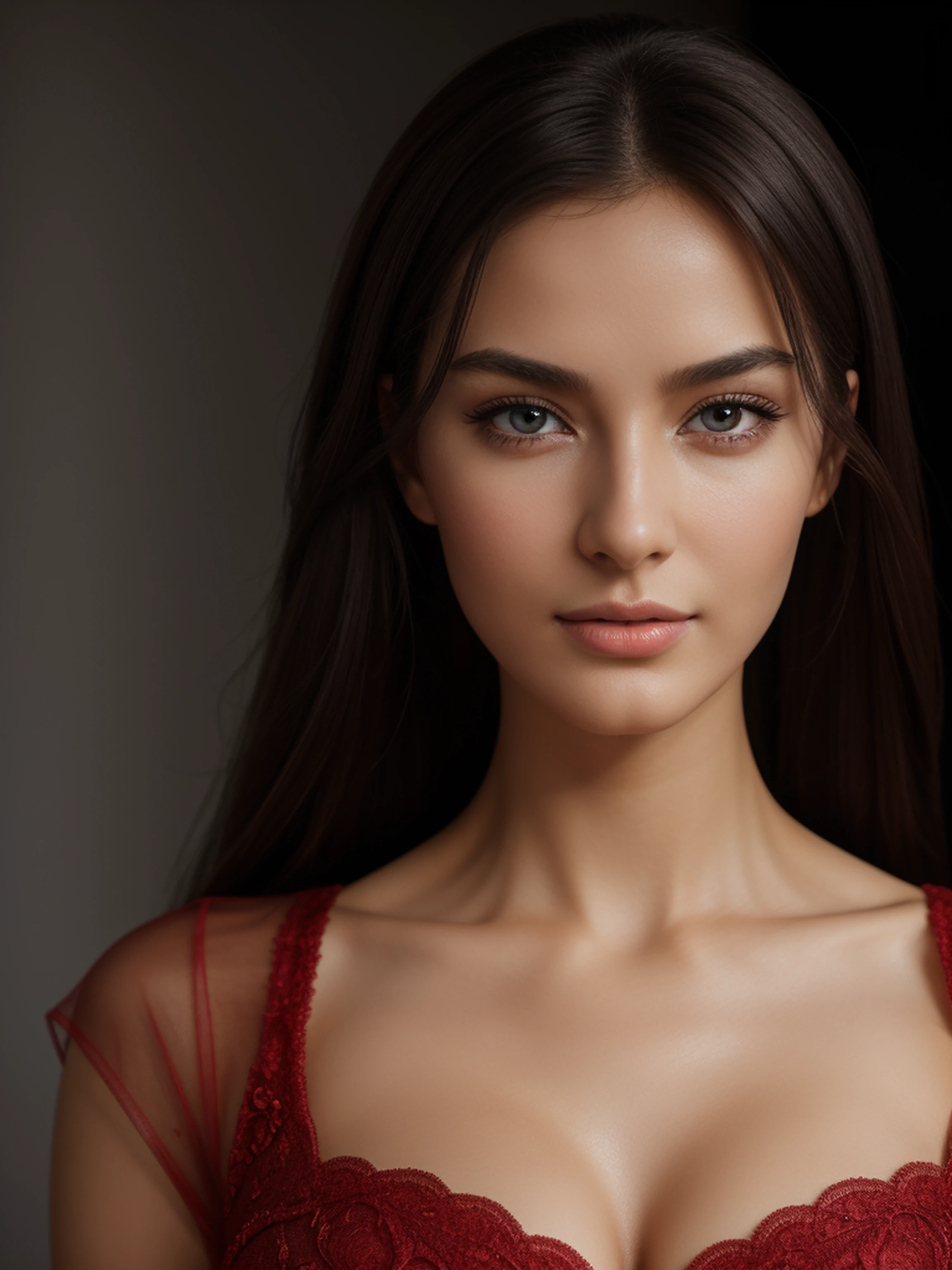 ((facial portraits, upper-body, close-up)),(best quality,4k,8k,highres,masterpiece:1.2),ultra-detailed,(realistic,photorealistic,photo-realistic:1.37),(1girl),(18years old),(((irene1:1.2))),(((Excella_er5:1.2))),(sharp focus:1.5),pearl skin,(skin pores:1.1),extremely detailed face and skin texture,(skin texture:1.1),black hair,tall and slender body,(192cm tall),thin and delicate figure,graceful posture,strong and defined muscles,flawless skin,defined abs,perfect curves,feminine appearance,embodying elegance and beauty,cleavage breasts,((wearing a (red) shirt dress)),vibrant color,extremely detailed and realistic clothes,(colorful),(film grain:1.3), colorful lighting,expressive faces,vivid eyes,dynamic poses,dramatic chiaroscuro,professional studio settings,creative composition,glowing highlights,subtle shadows,emotional expressions,authentic emotions,insta-worthy,high-fashion styles,lively backgrounds,individual character traits,unique personalities,powerful gazes,precise facial features,life-like hair textures,surreal elements,dreamy atmosphere,masterful brushstrokes,instantly captivating,mesmerizing gaze,natural beauty,realistic lighting effects,capturing the essence of the subject,unforgettable expressions.