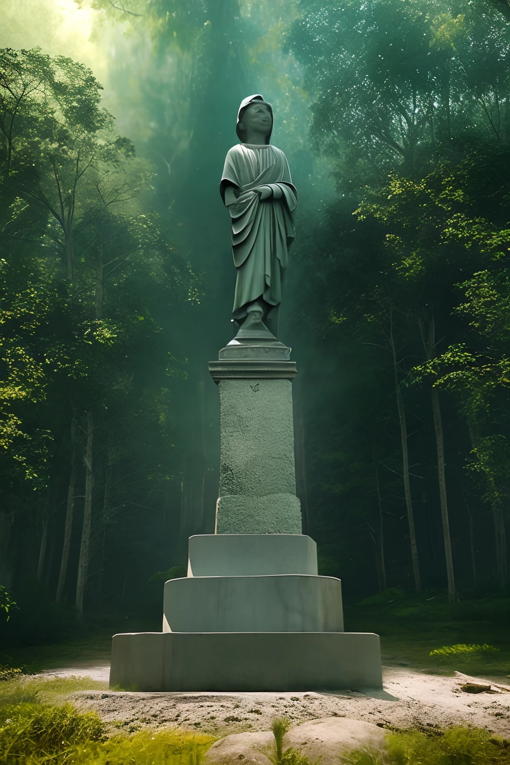 There is a stone statue in the middle of the forest, Unreal Maya, promotional movie still, author：Simon de Vlieger, 废墟, author：Victor Manuel Garcia Valdes, aspect ratio 16:9, PS 3 graphics card, quetzal, cinematic Film still from, cinematic Film still from, Inspired by James Cardenhead