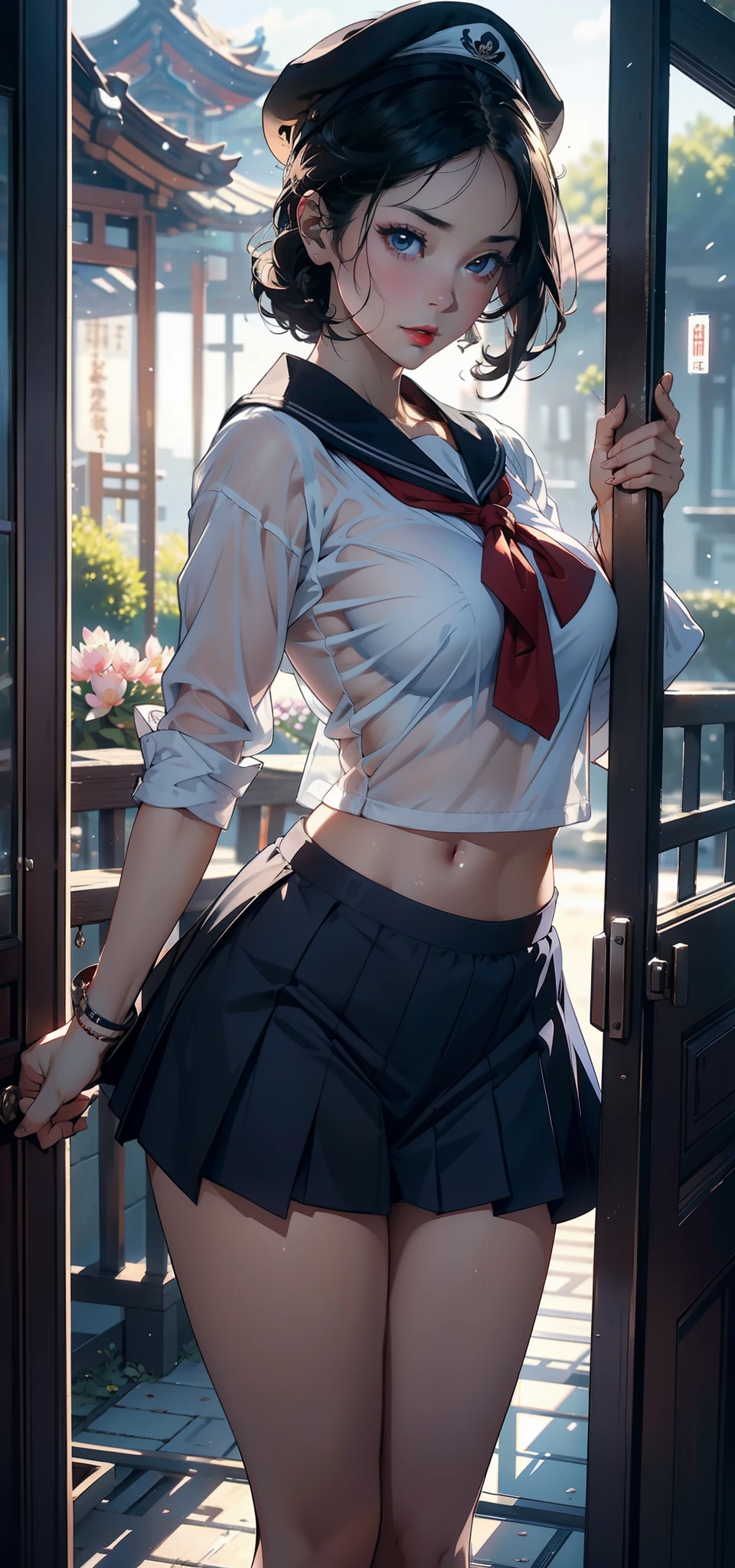 1female,45 yers old,Married Woman,熟妇,plumw,extremely large bosom, 独奏,(Background with:ponds,Cherry blossom forest,lotus flower)standing on your feet, She has short black hair,seen from the front,, mostly cloudy sky,(((tmasterpiece),(Very detailed CG unity 8K wallpaper),best qualtiy,cinmatic lighting,detailed back ground,beatiful detailed eyes,Bright pupils,Black eyes,Snow-whiteskin,Redlip(Very fine and beautiful),(Beautiful and detailed eye description),ultra - detailed,tmasterpiece,))facing at camera,A high resolution,ultra - detailed),revealing breasts,Bare genitalia, Bulge,legs are open,Raised sexy,Camel toes,Desire for dissatisfaction,frontage,Navy,elementary student,(Wearing:see-through school uniform,Sailor's cap,Transparent sailor uniform,Bare ,)